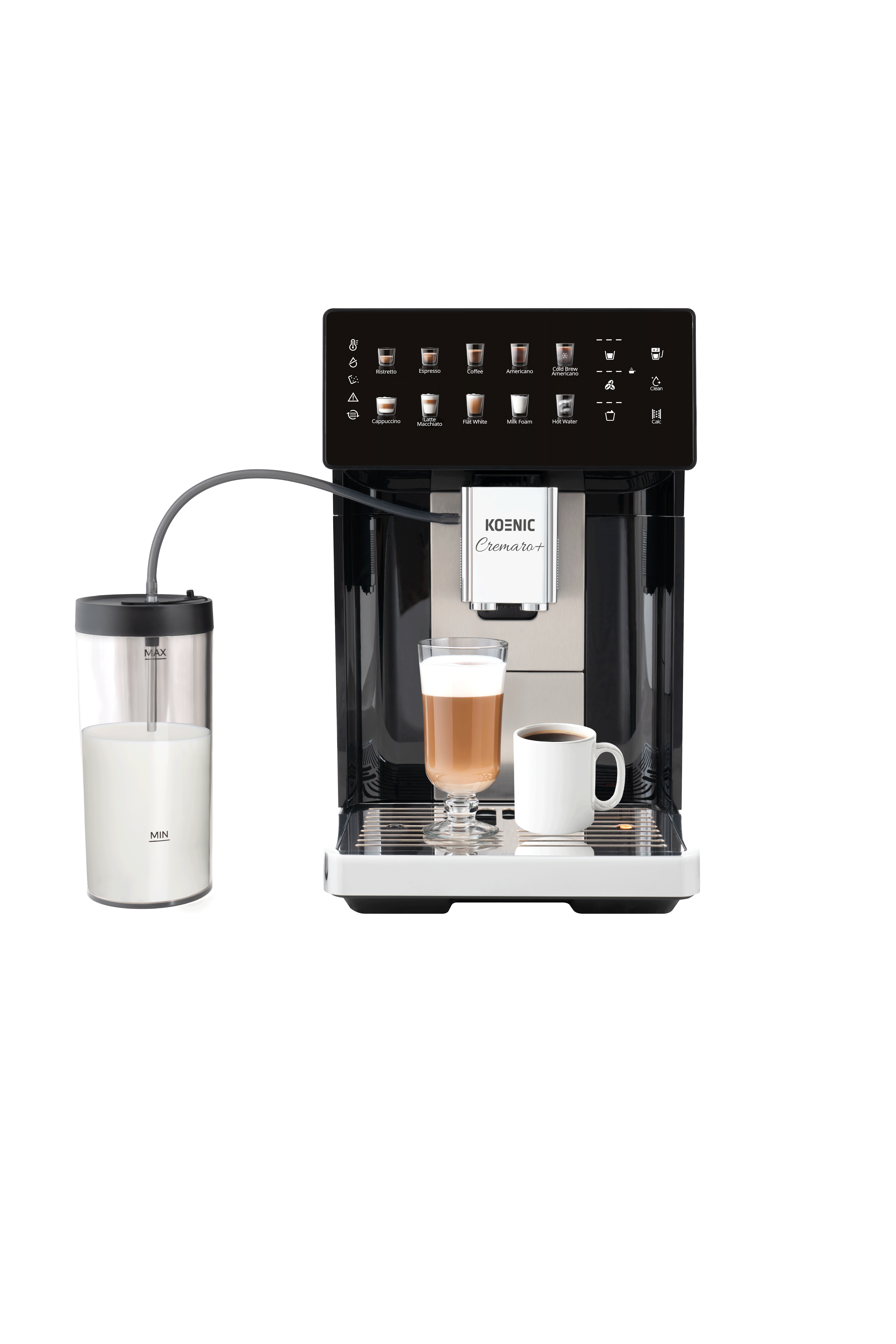 Koenic Cremaro+ Kaffeevollautomat in Schwarz mit externem Milchbehälter, Glastasse und weißer Tasse.