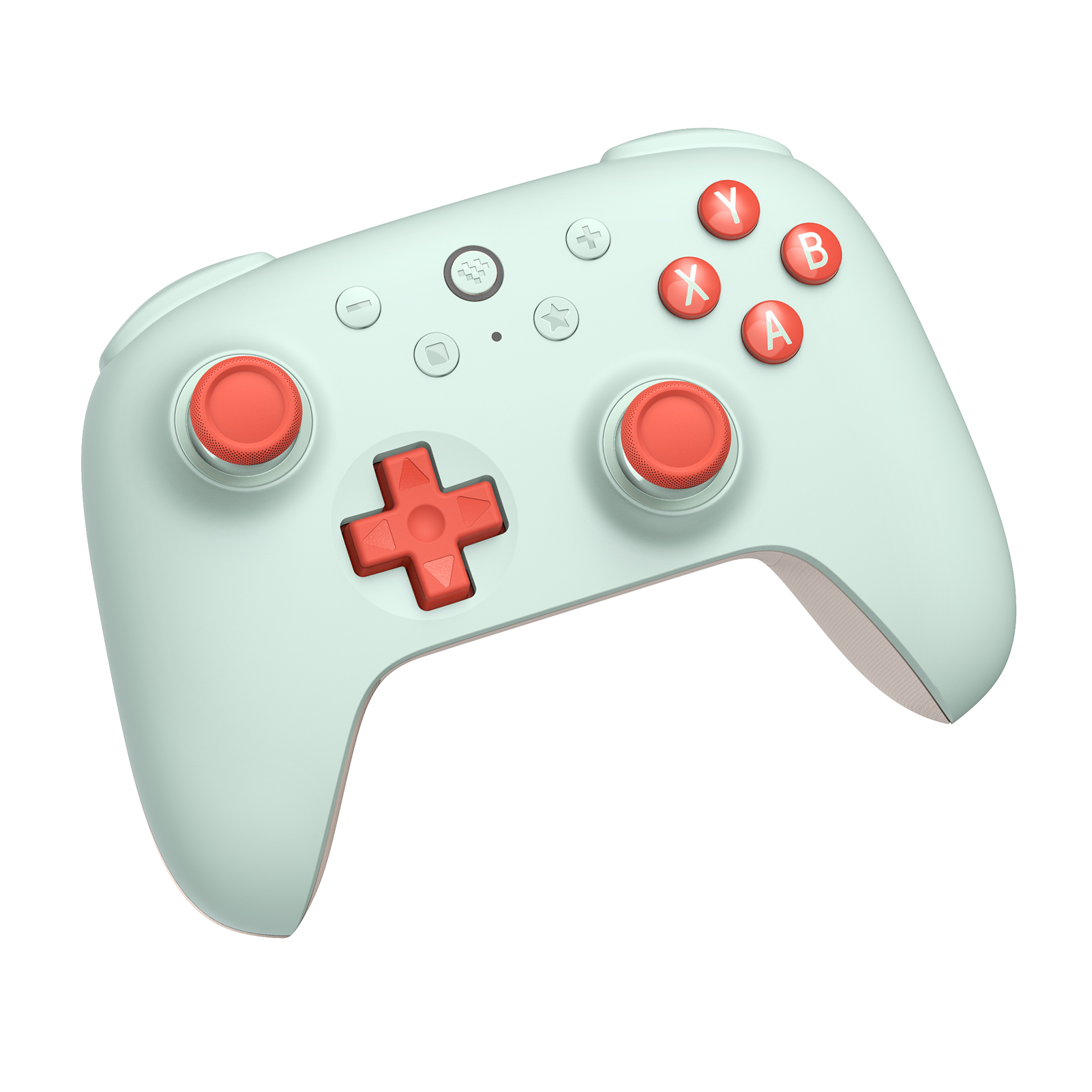 Kırmızı joysticks, kırmızı yön tuşları ve kırmızı eylem düğmeleri olan nane yeşili oyun kumandası.