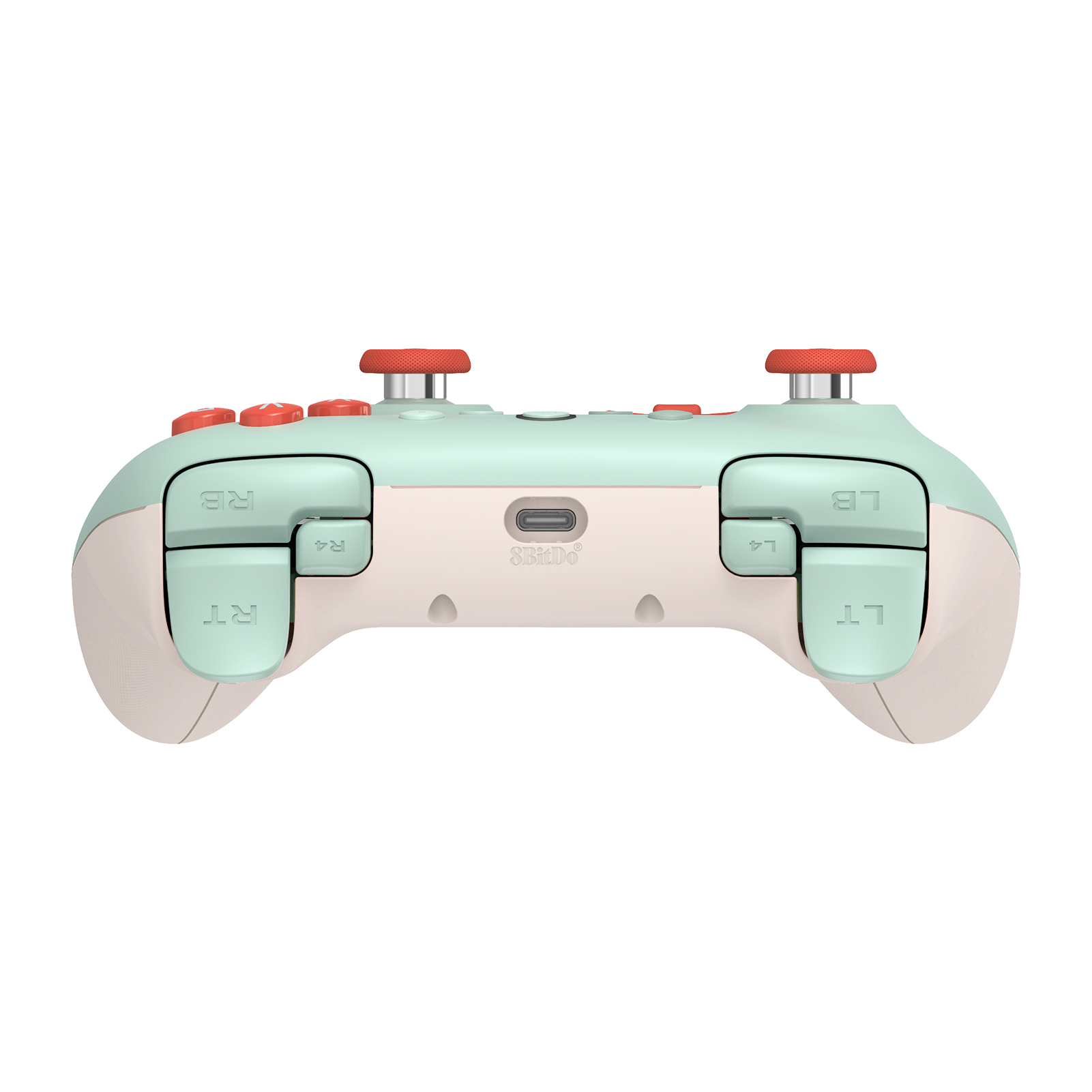 Kırmızı analog kollu ve USB-C bağlantı noktalı nane yeşili ve bej renkli 8BitDo kontrol cihazının arka görünümü.