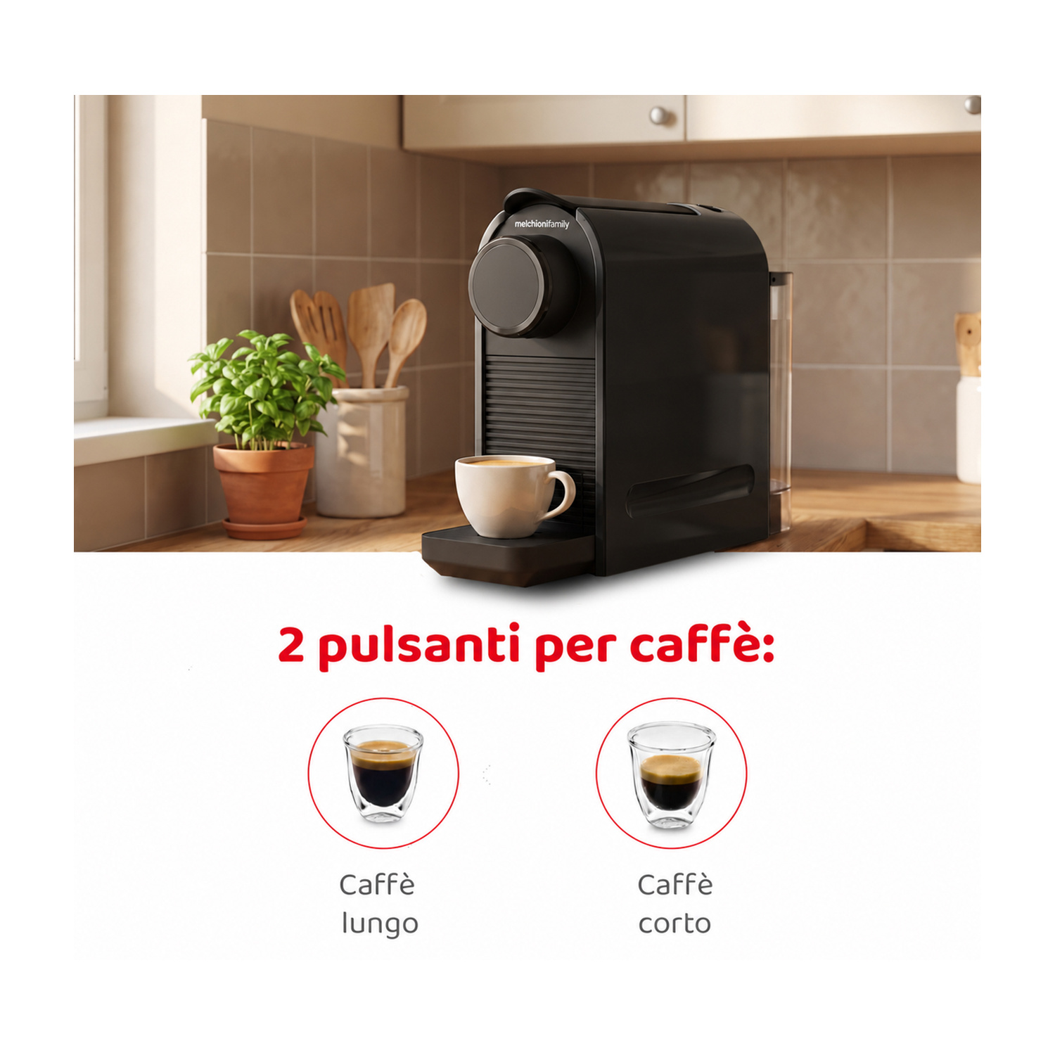 Macchina da caffè nera su un piano cucina con due opzioni di tazza per lungo e corto sotto.