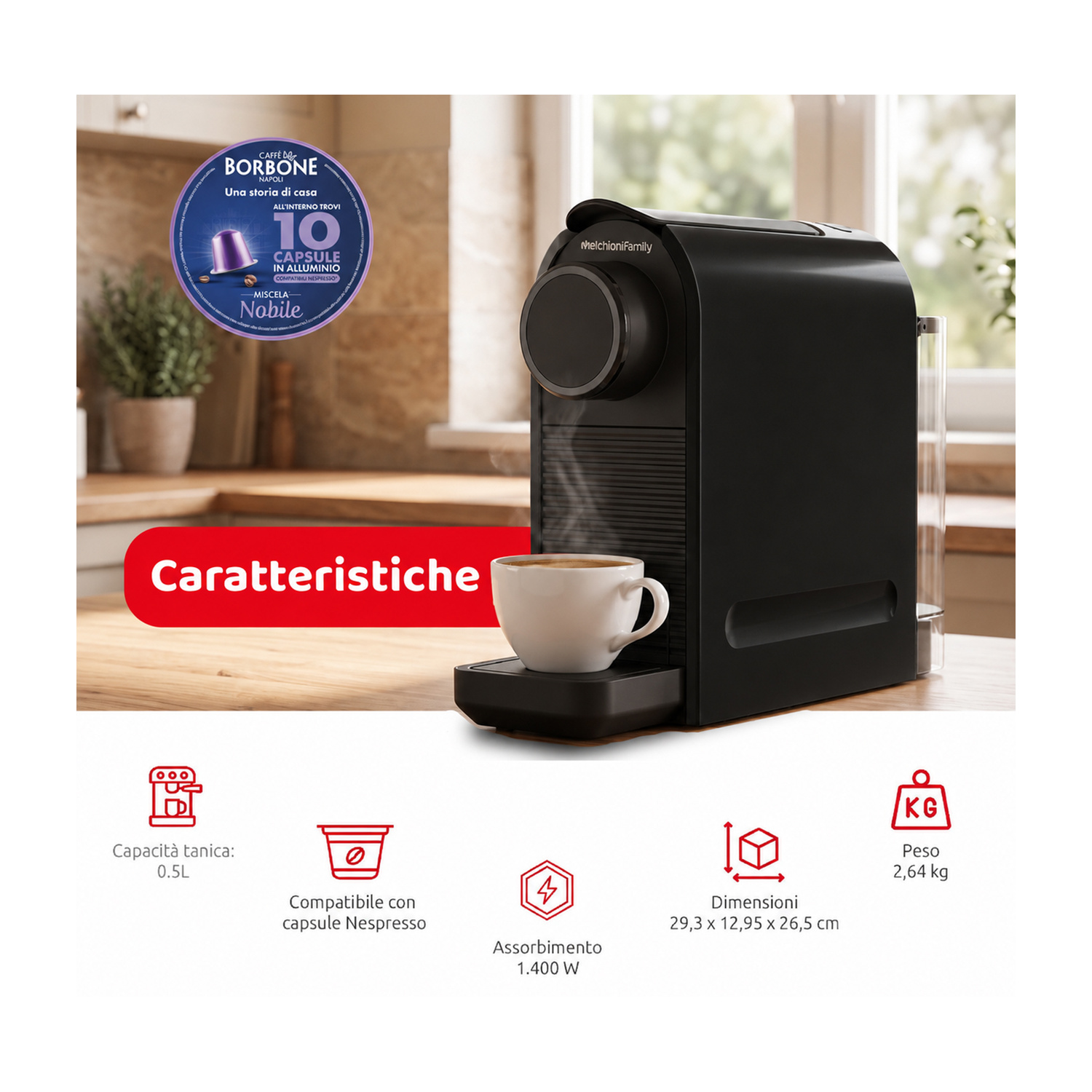 Una macchina da caffè nera su un banco in legno con tazza bianca, testo promozionale e icone.