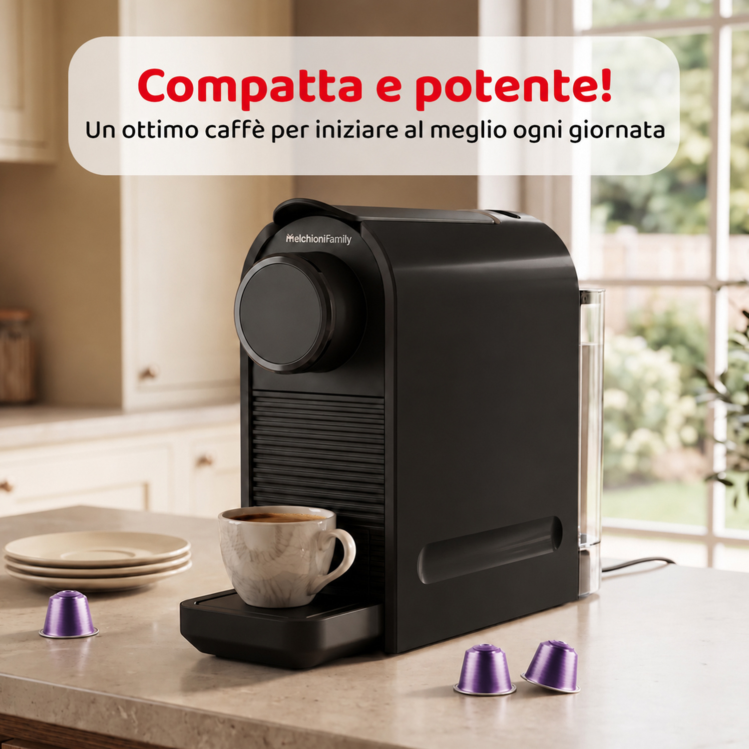 Una macchina da caffè nera su un piano cucina con una tazza di caffè e capsule viola.
