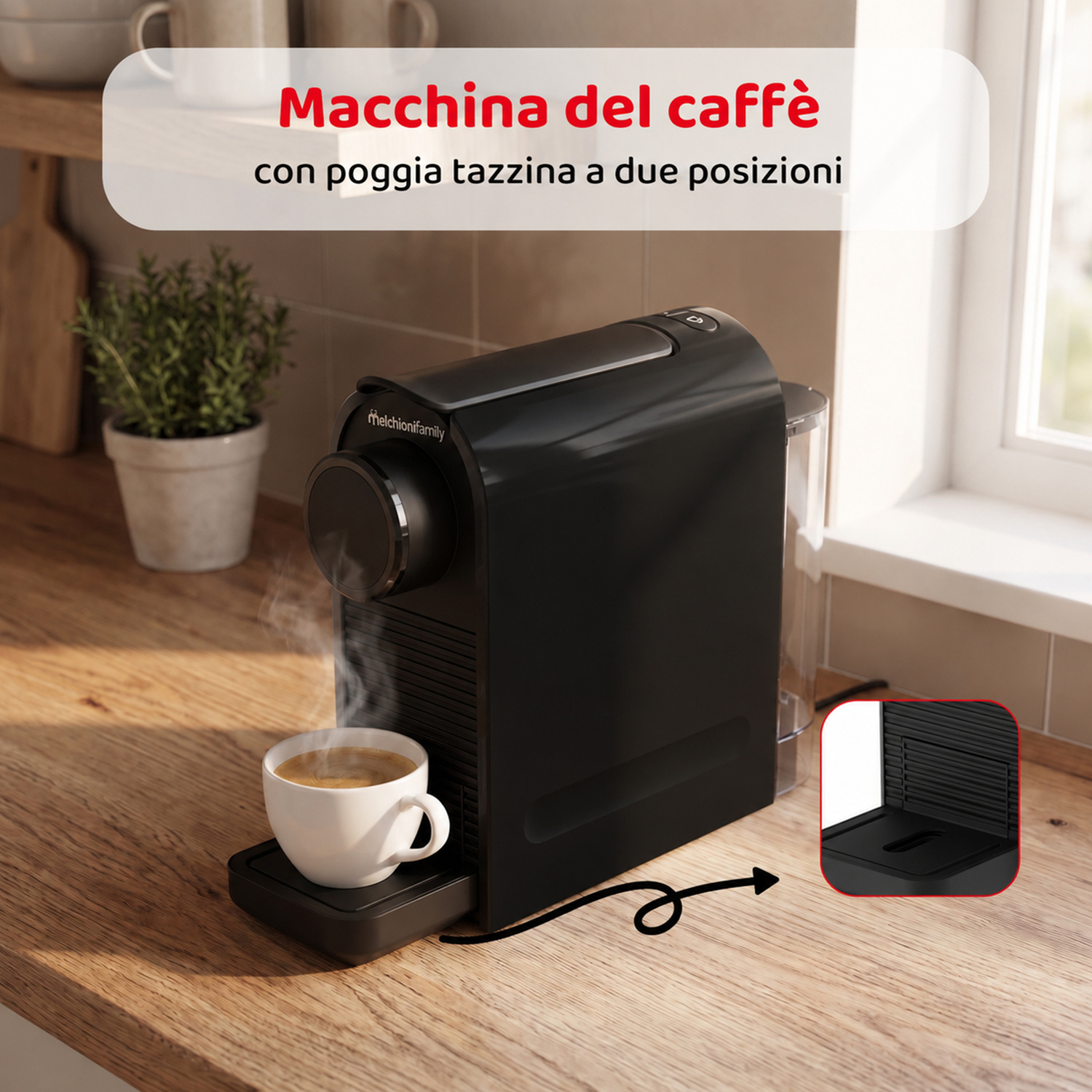 Una macchina da caffè nera su un bancone in legno con una tazza di caffè fumante.