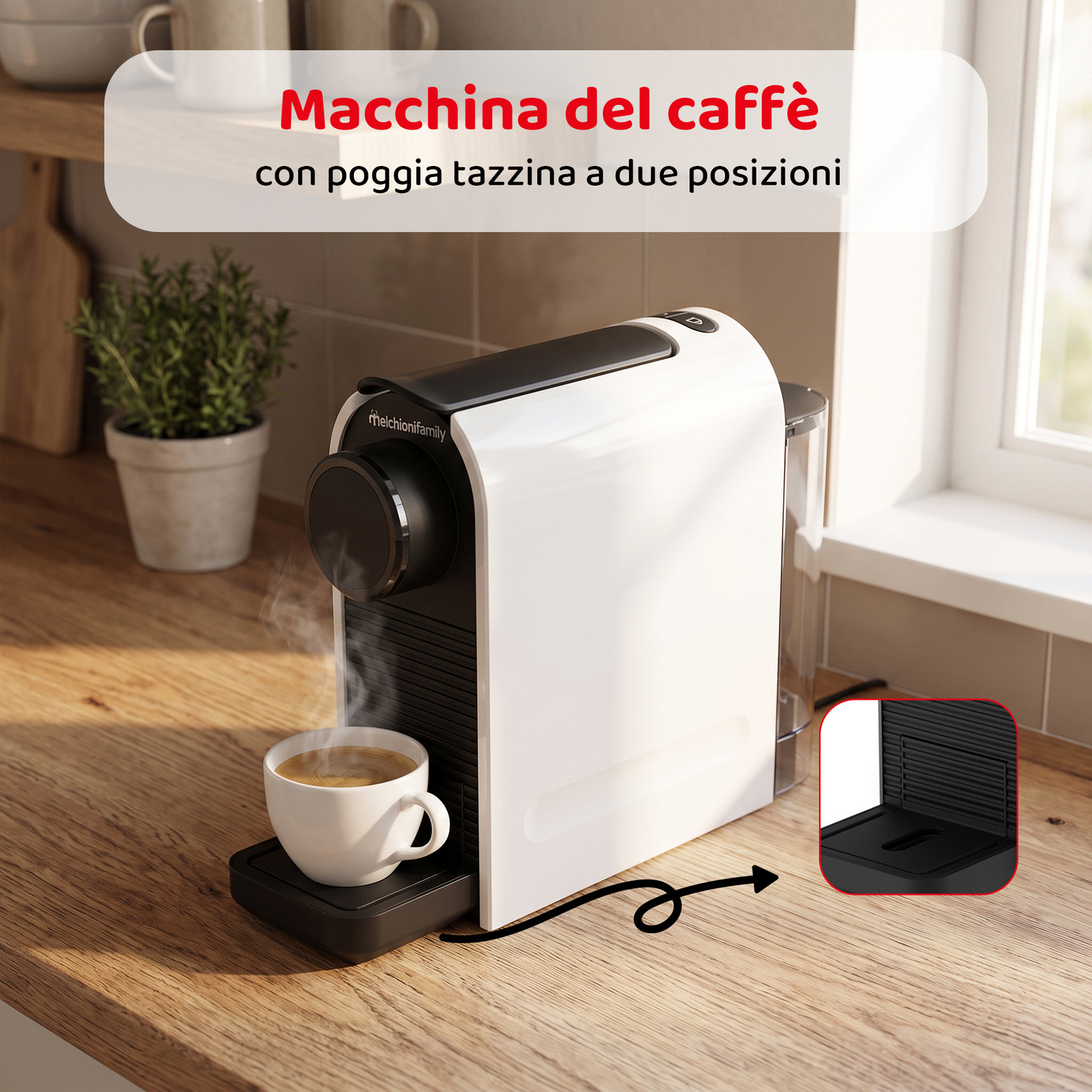 Una macchina da caffè bianca e nera su un piano in legno con una tazza di caffè fumante.