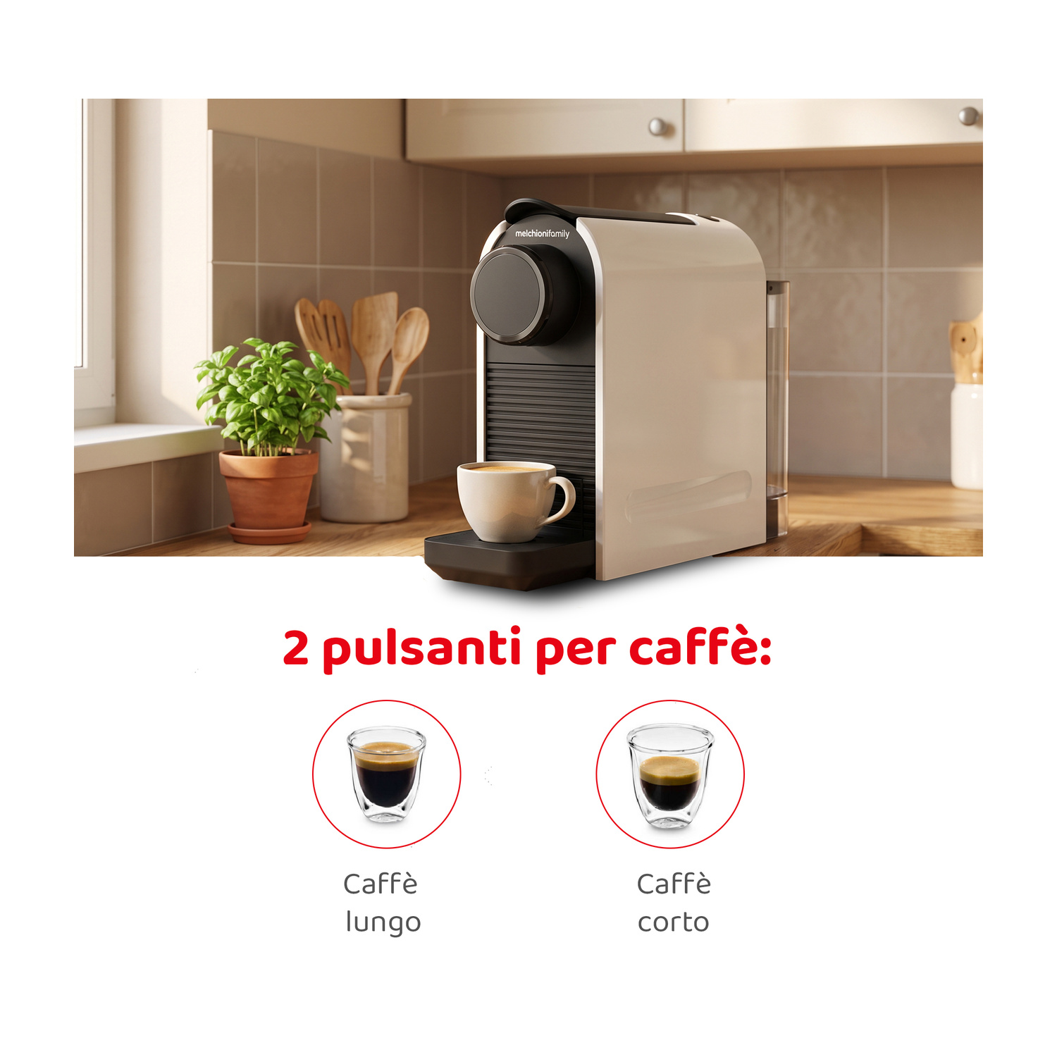 Una macchina da caffè beige su un piano cucina con due tazze e pulsanti.