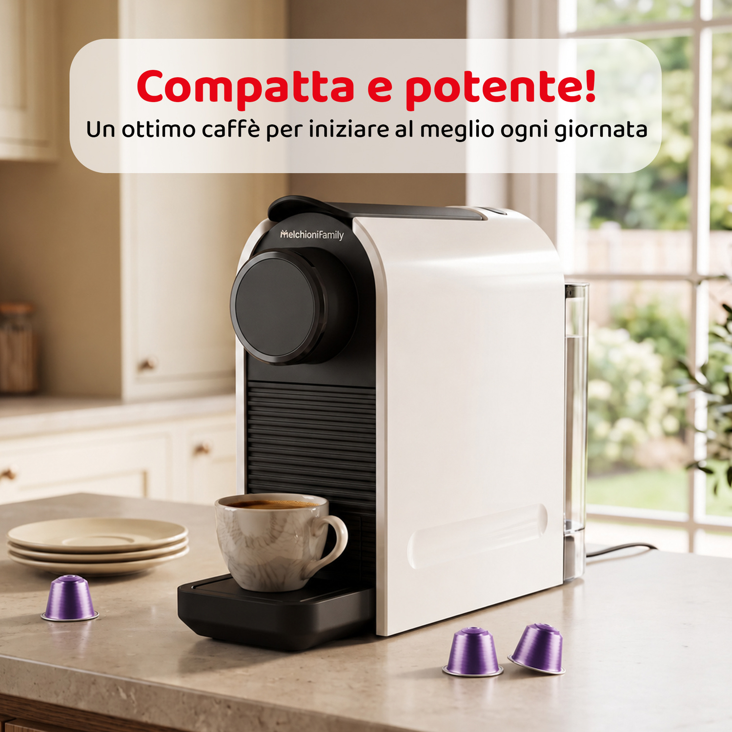 Una macchina da caffè bianca e nera su un bancone con tazzina e capsule viola.