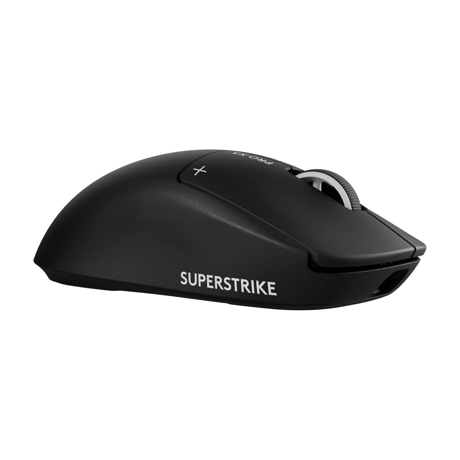 Mouse per computer wireless nero con testo Superstrike bianco e rotella di scorrimento su sfondo bianco.