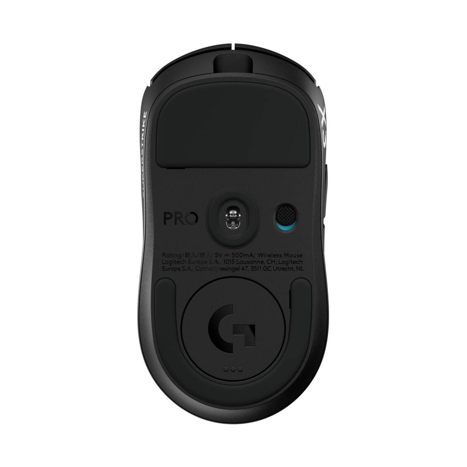 Parte inferiore di un mouse da gioco wireless nero con sensore e loghi.