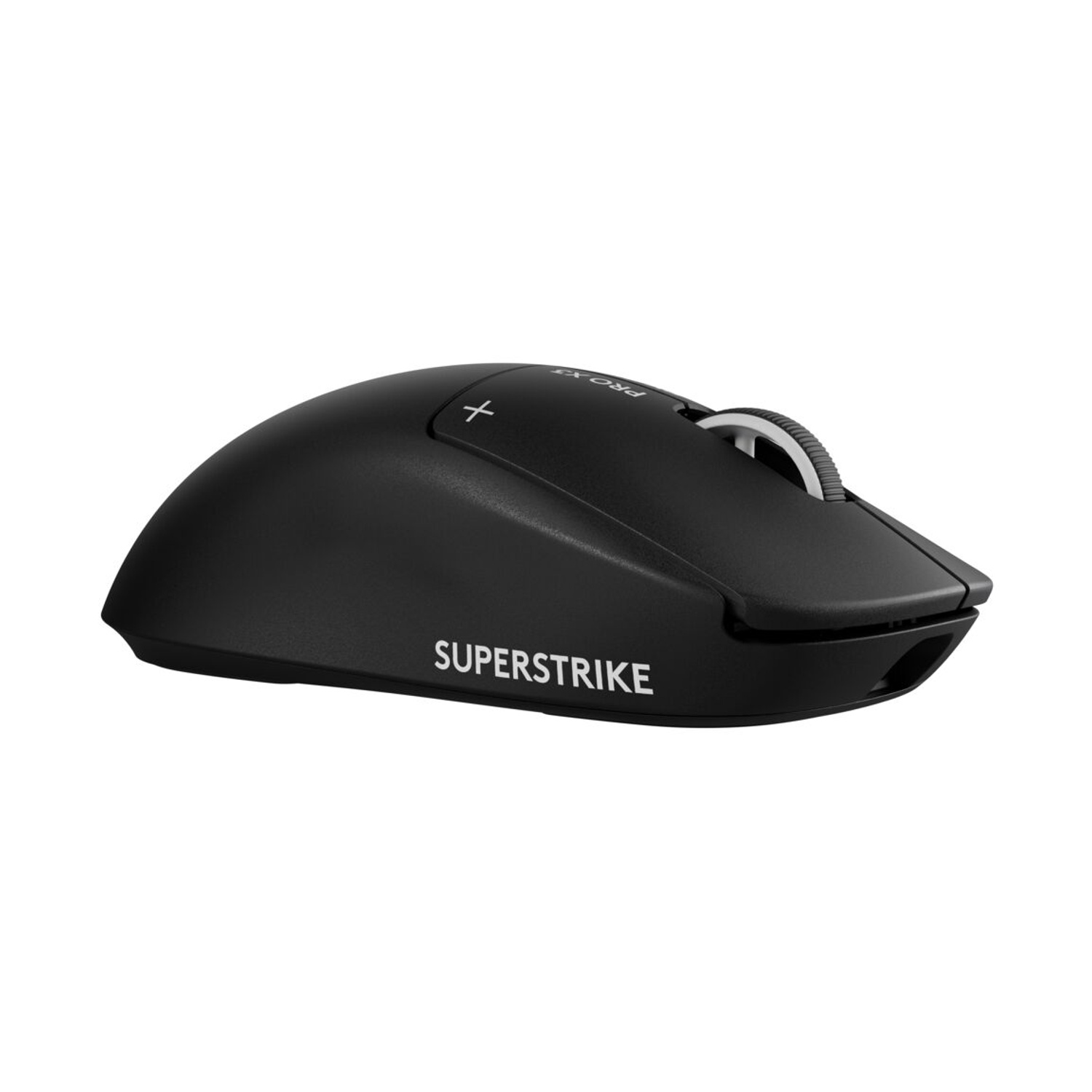 Mouse da gioco wireless nero con scritta Superstrike bianca e rotellina di scorrimento.