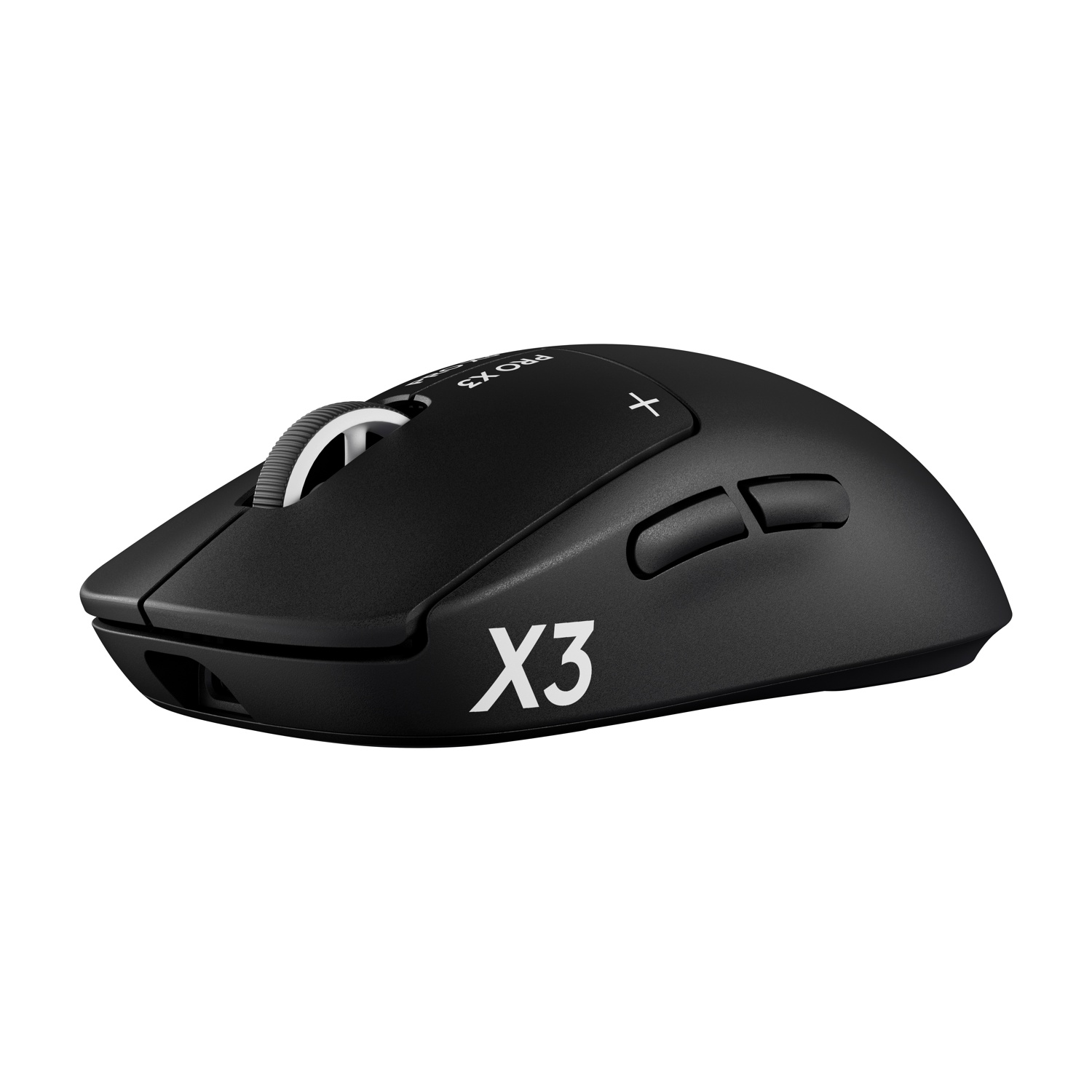 Mouse da gioco wireless nero X3 con rotellina di scorrimento e pulsanti laterali su sfondo bianco.