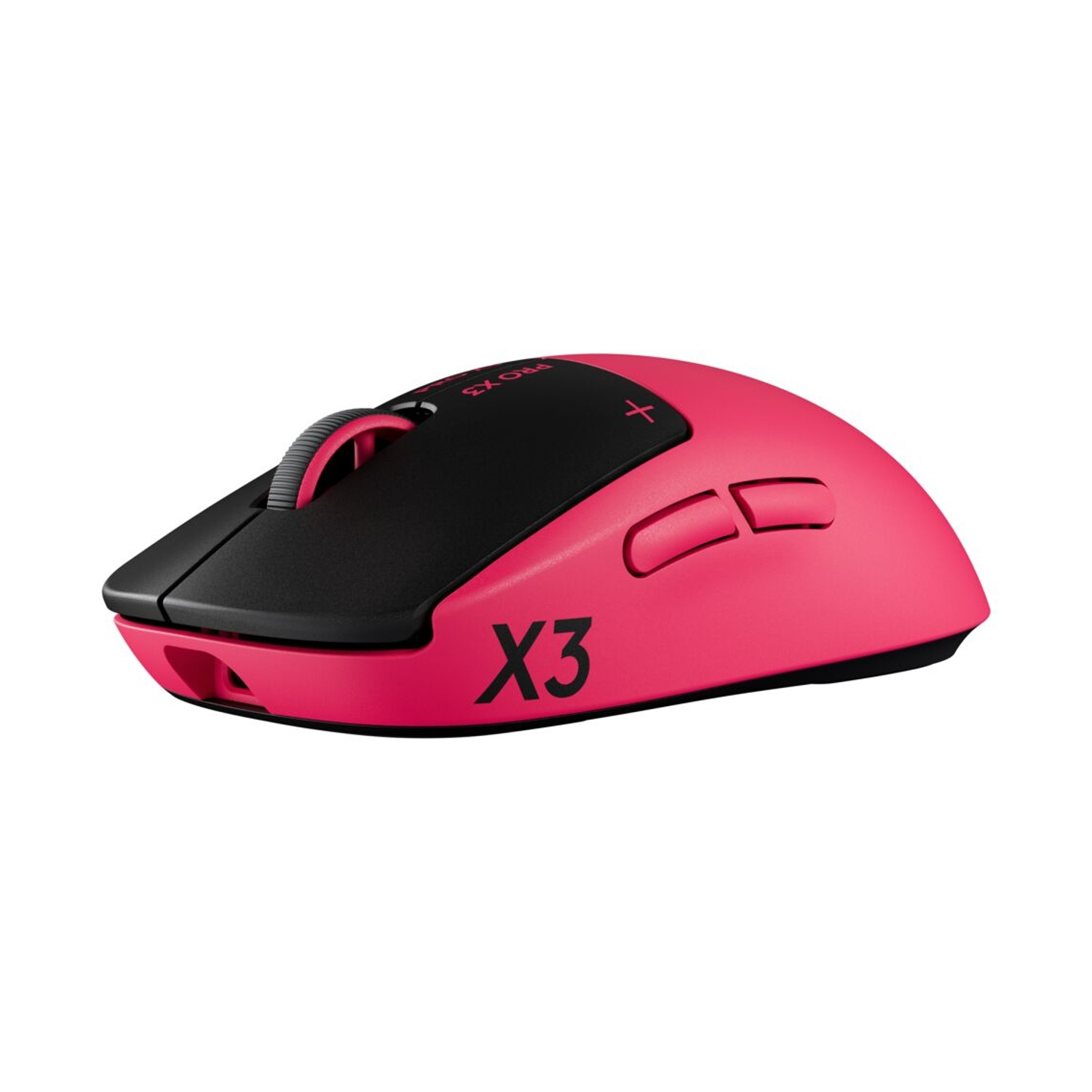Un mouse da gioco wireless in rosa acceso e nero opaco con la scritta X3 sul lato.