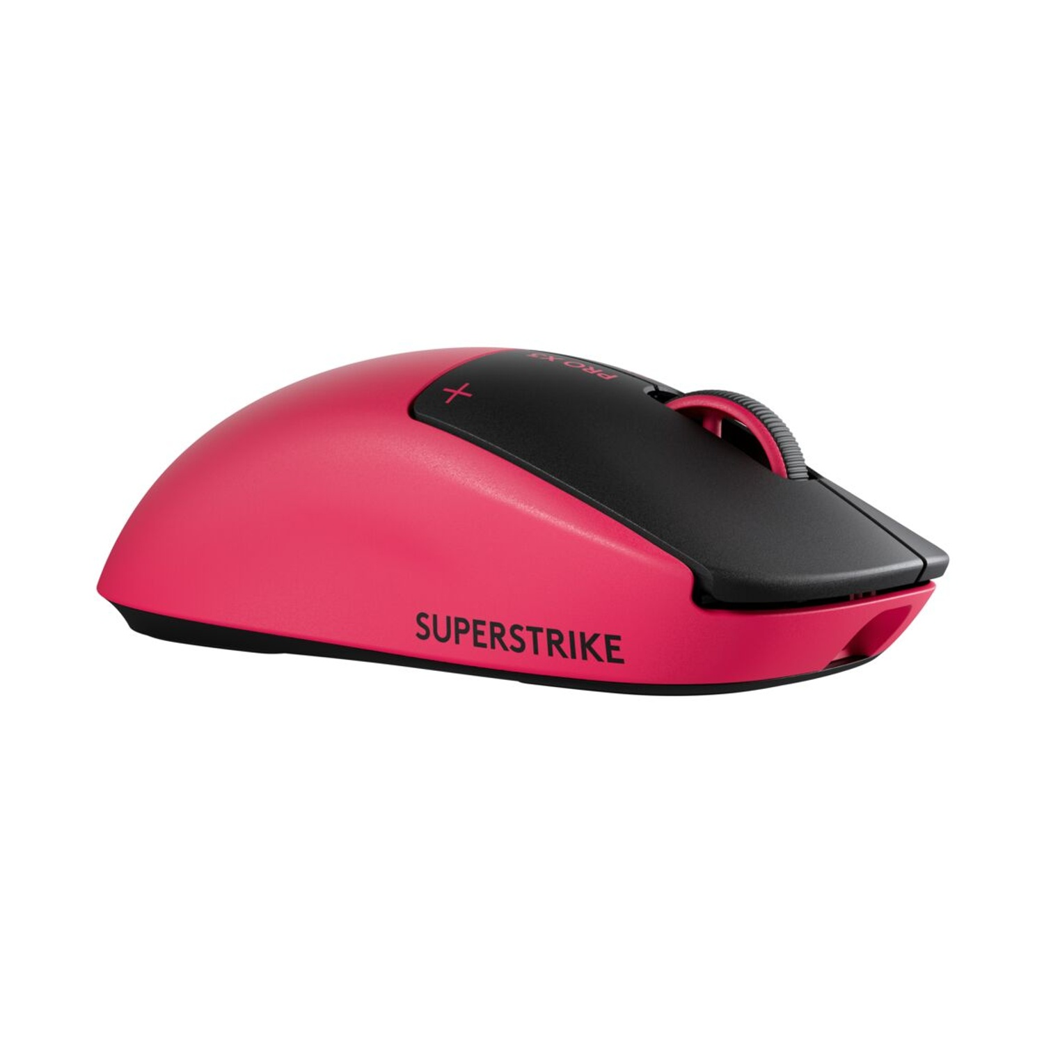 Un mouse per computer rosa e nero con la scritta SUPERSTRIKE sul lato.