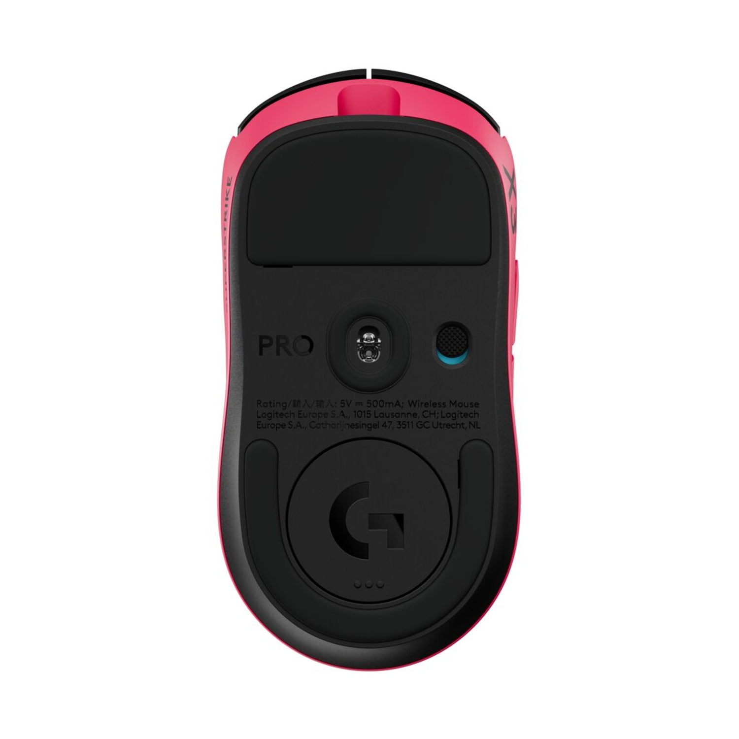 Parte inferiore di un mouse da gioco wireless rosa con piastra di base nera, sensore ottico e logo Logitech.