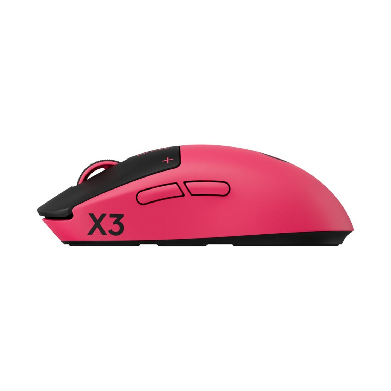 Una vista laterale di un mouse da gioco rosa e nero con la scritta X3.