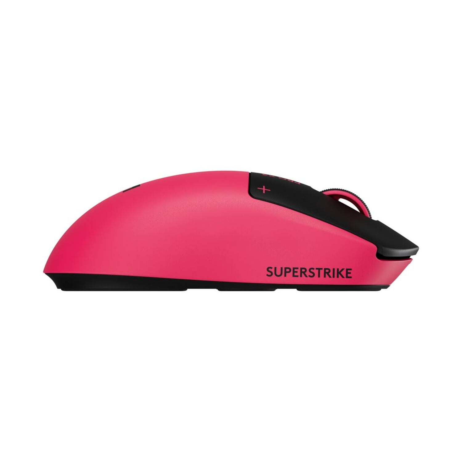 Vista laterale di un mouse wireless rosa e nero con la scritta SUPERSTRIKE.