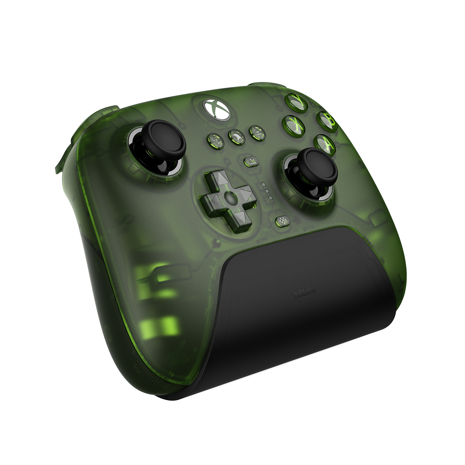 Beyaz arka planda siyah alt tutma yerine sahip yarı saydam yeşil Xbox tarzı kablosuz kumanda.
