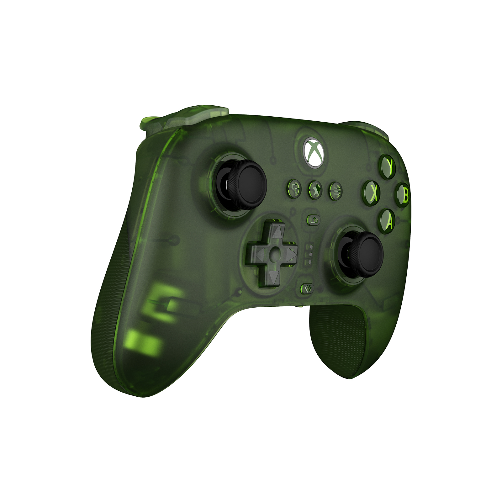 Siyah analog kollara ve ışıklı tuşlara sahip, yarı saydam koyu yeşil bir Xbox kumandası.