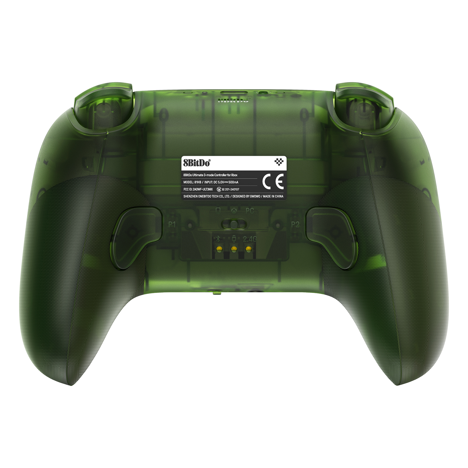 İki arka tuşa ve bir ürün etiketine sahip yeşil şeffaf 8BitDo Ultimate kontrol cihazının arka görünümü.