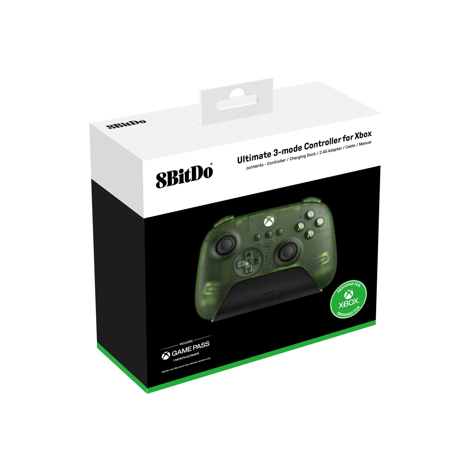 Beyaz arka planda Xbox için yeşil, şeffaf bir 8BitDo Ultimate Kontrol Cihazının ambalajı.