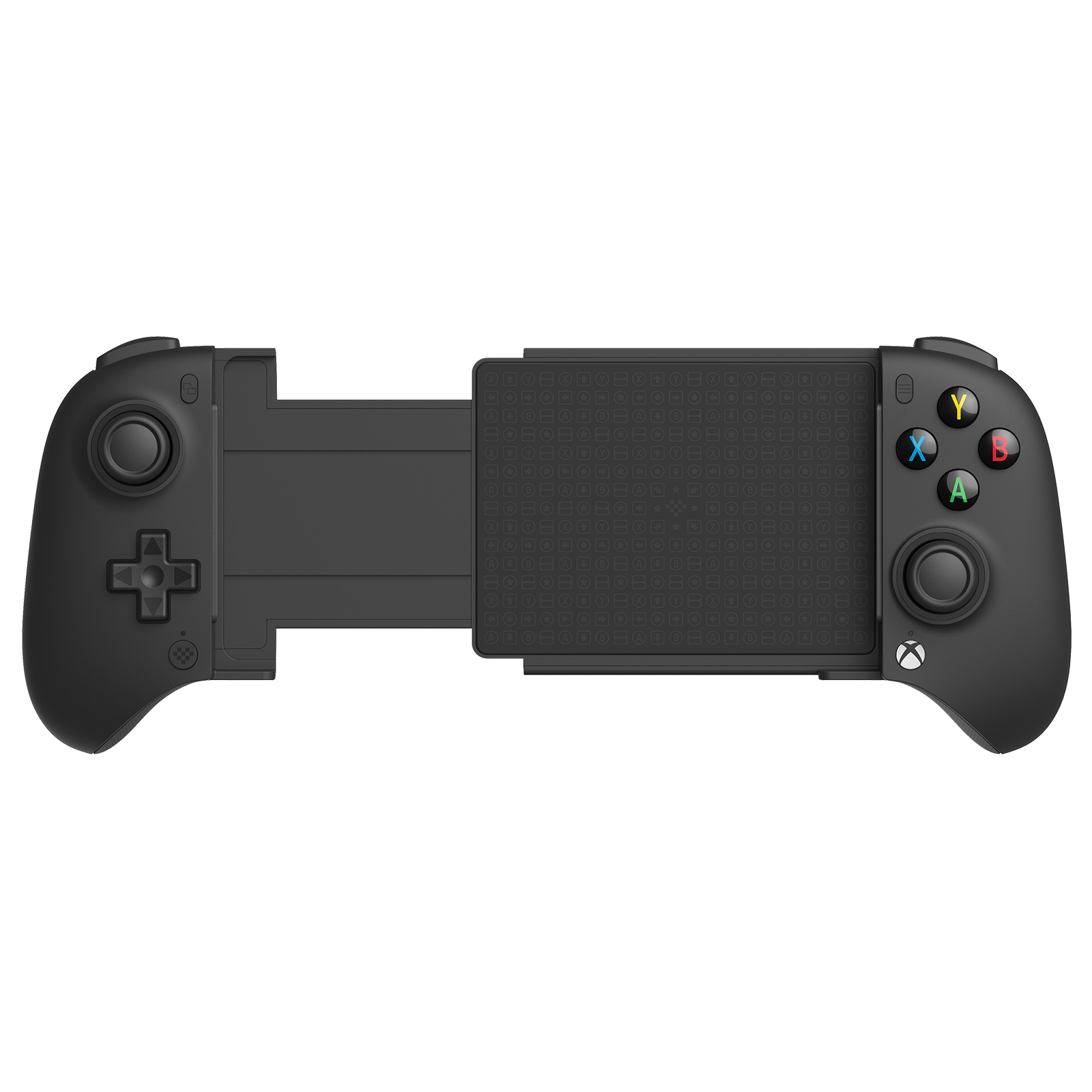 Beyaz arka planda joystick'ler, yön tuşları ve renkli ABXY düğmelerine sahip siyah, uzatılabilir oyun kumandası.