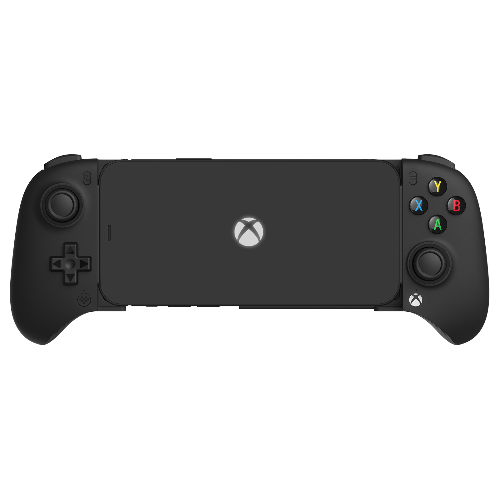 Ortasında Xbox logosu olan, akıllı telefona takılı siyah mobil oyun kumandası.