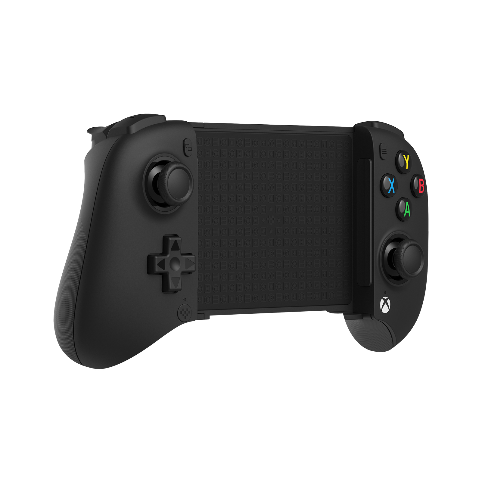 Beyaz arka planda renkli eylem tuşlarına sahip siyah Xbox mobil oyun kumandası.