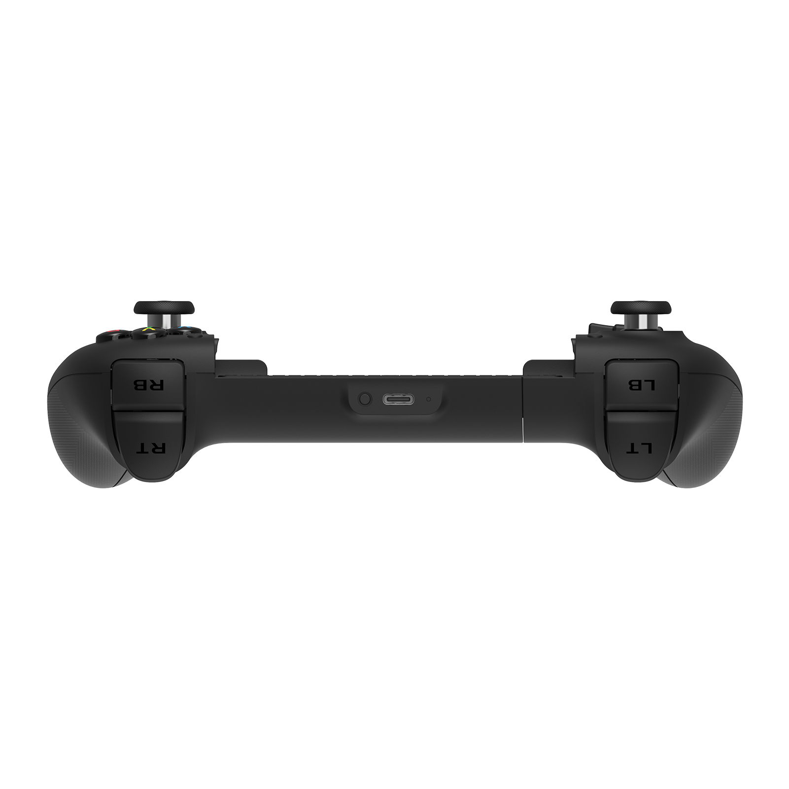 USB-C bağlantı noktası ve LB/RB ile LT/RT omuz tuşlarına sahip siyah mobil oyun kumandasının alt görünümü.