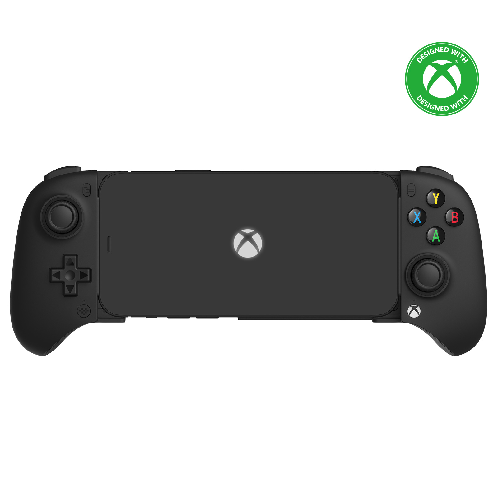 Ortasında Xbox logosu bulunan, telefona bağlı siyah mobil oyun kumandası.