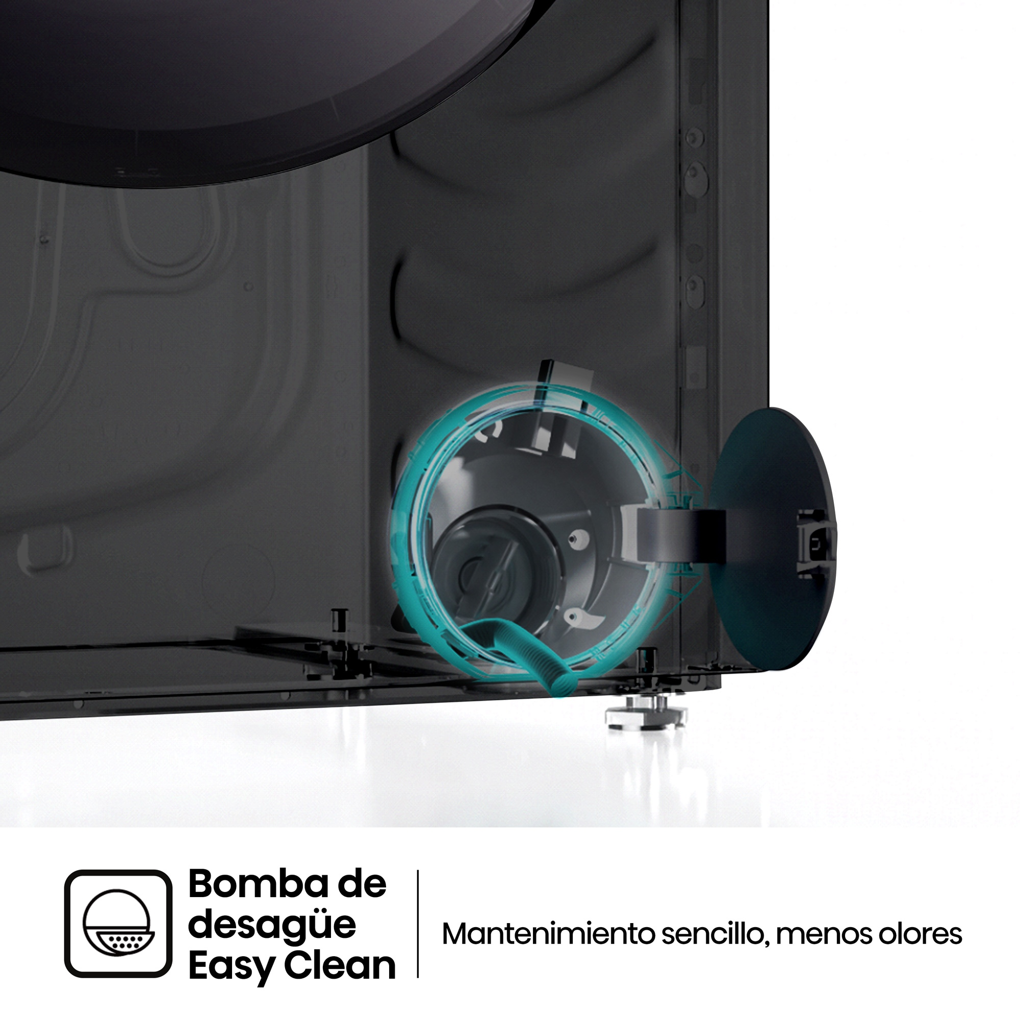 Primer plano de la bomba de desagüe Easy Clean de una lavadora con compuerta abierta y manguera."Bomba de desague easy clean. Mantenimiento sencillo, menos olores"