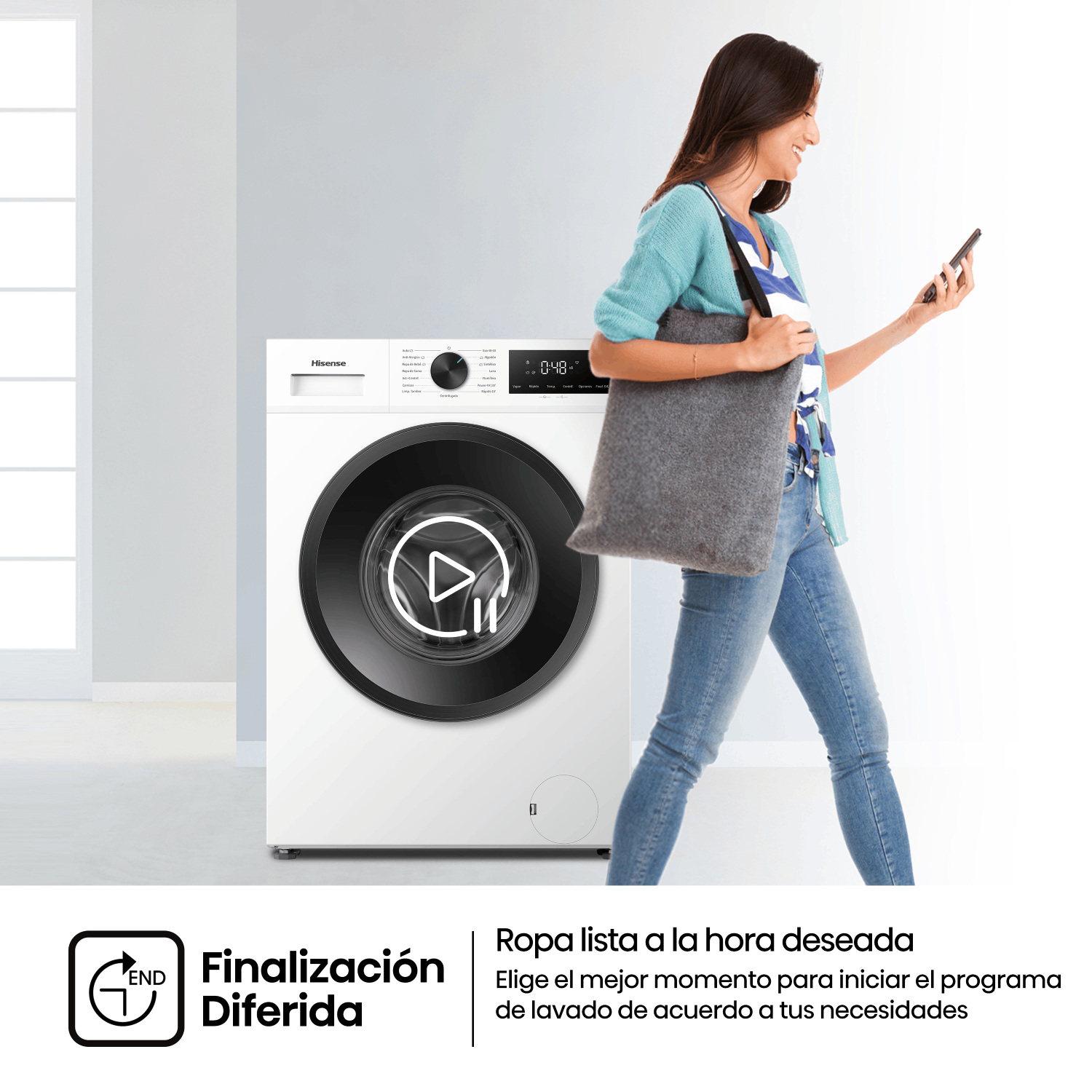 "Finalización Diferida. Ropa lista a la hora deseada. Elige el mejor momento para iniciar el programa de lavado de acuerdo a tus necesidades"