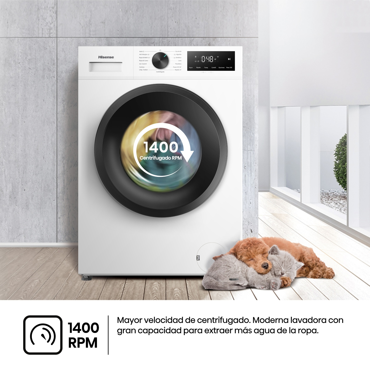 "1400 RPM.1400RPM. Mayor velocidad de centrifugado. Moderna lavadora con gran capacidad para extraer más agua de la ropa"