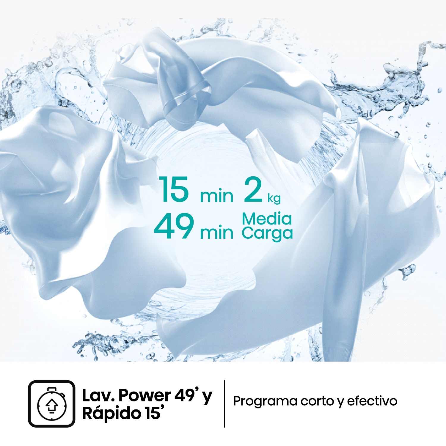 Salpicadura de agua con ropa blanca y texto sobre tiempos de lavado. "15 min. 2kg. 49 min. Media Carga. Lav. Power 49' y Rápido 15'. Programa corto y efectivo"