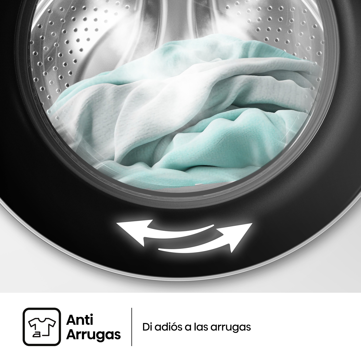 Vista interior del tambor de la lavadora con ropa azul claro y blanca, con icono antiarrugas debajo. "Anti arrugas. Di adiós a las arrugas"