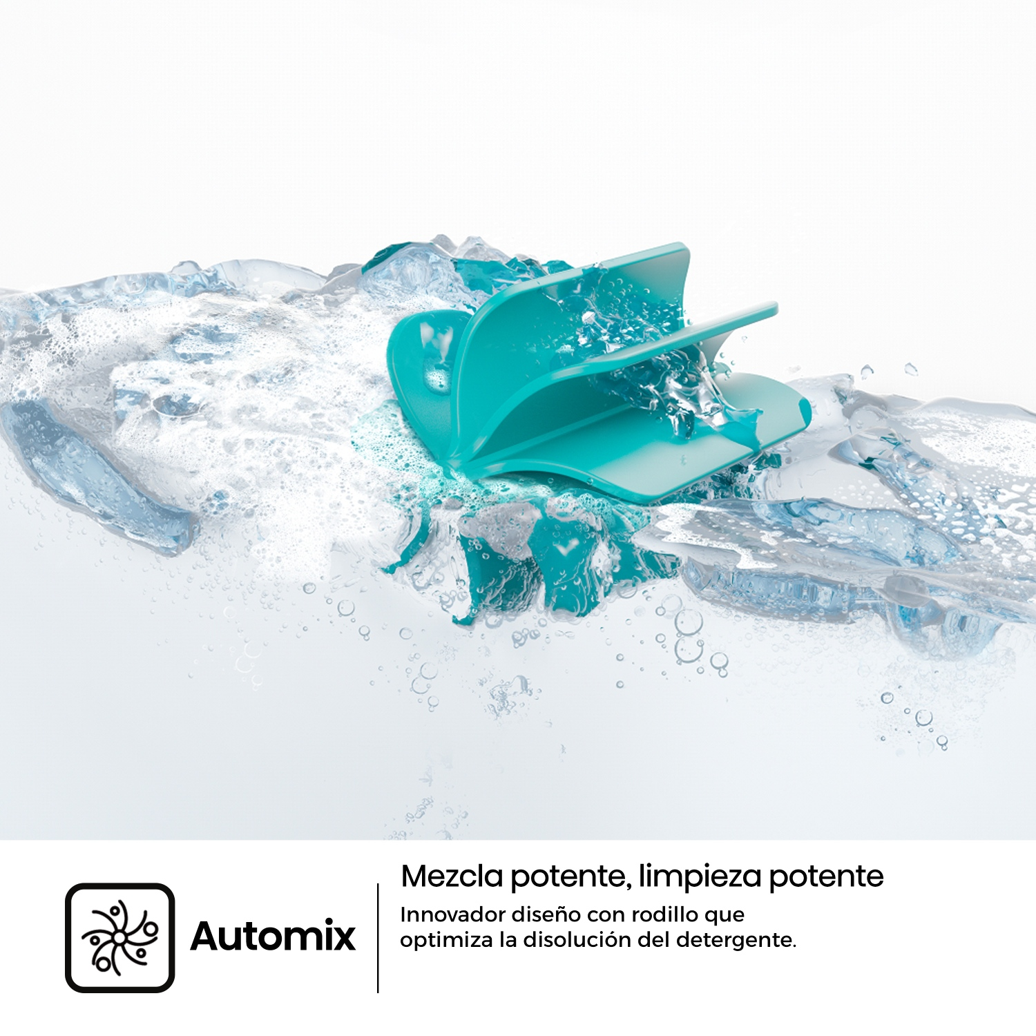 Componente turquesa en agua salpicando. "Automix. Mezcla potente, limpieza potente. Innovador diseño con rodillo que optimiza la disolución del detergente."