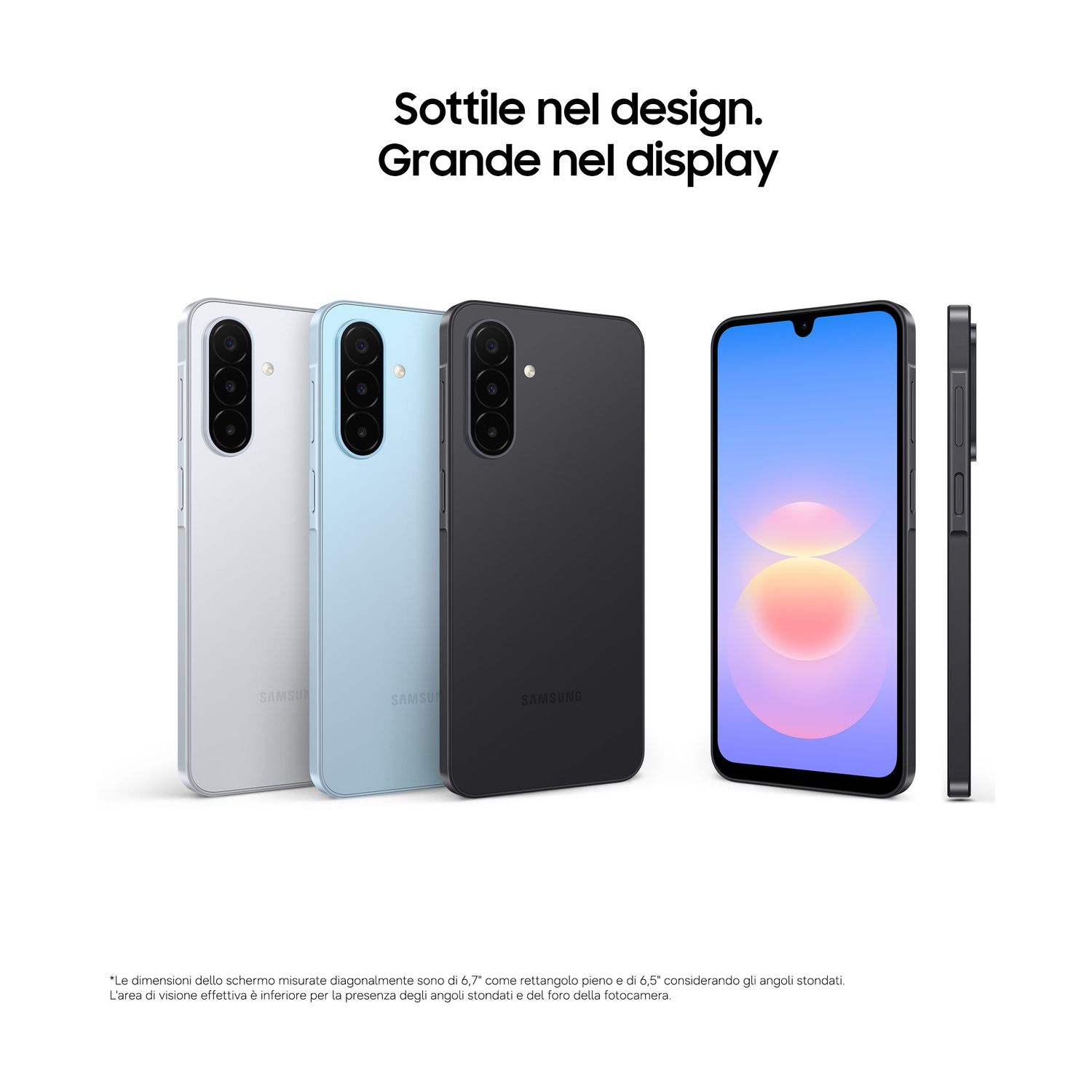 Tre smartphone in argento, azzurro e nero visti da dietro, uno schermo anteriore e una vista laterale.