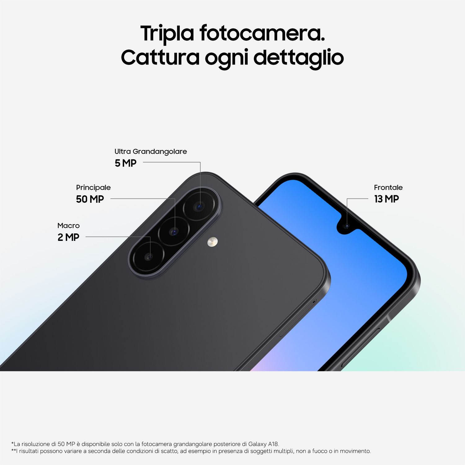 Smartphone con tripla fotocamera posteriore e fotocamera frontale con risoluzioni.