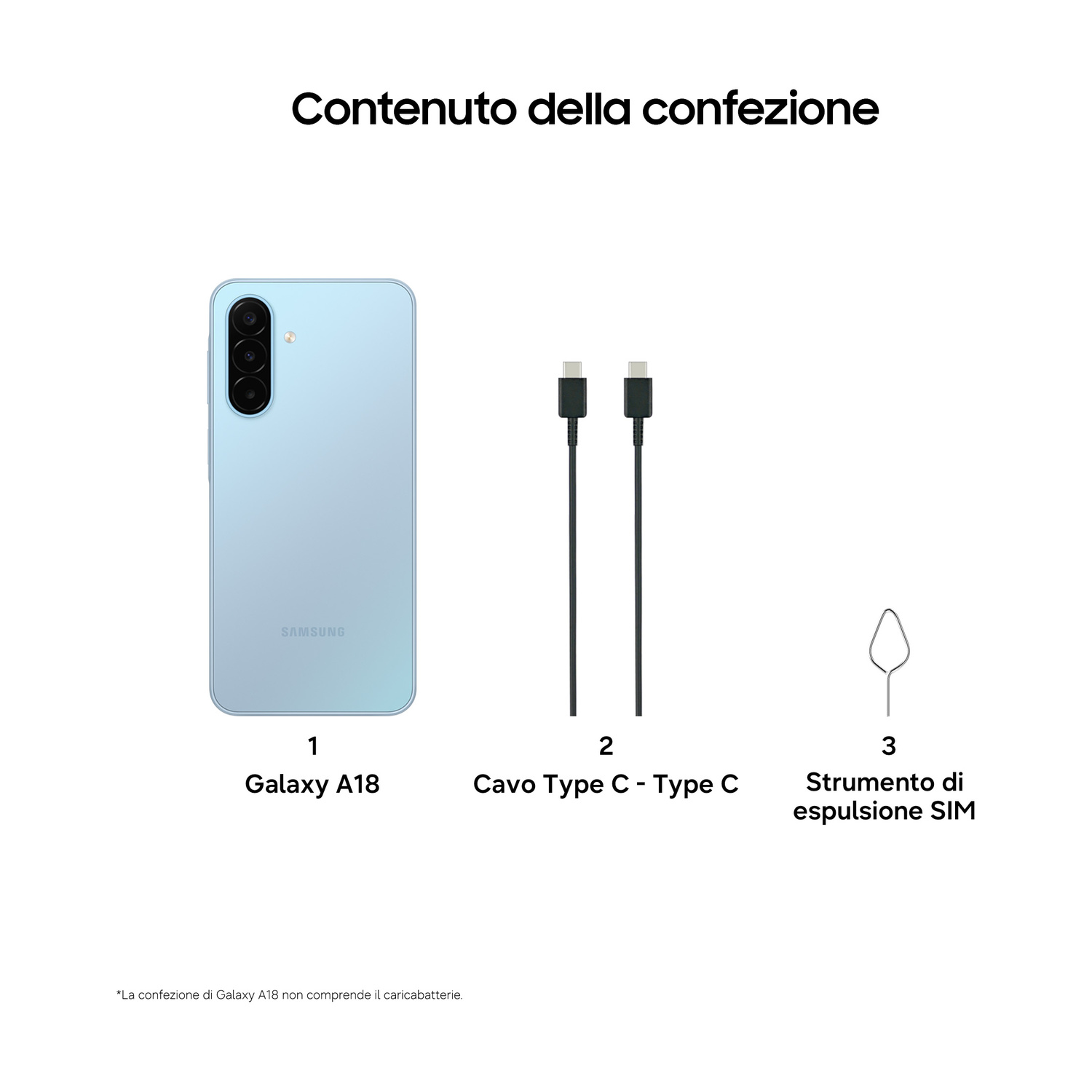 Contenuto confezione Galaxy A18: smartphone, cavo Type-C e chiave SIM.