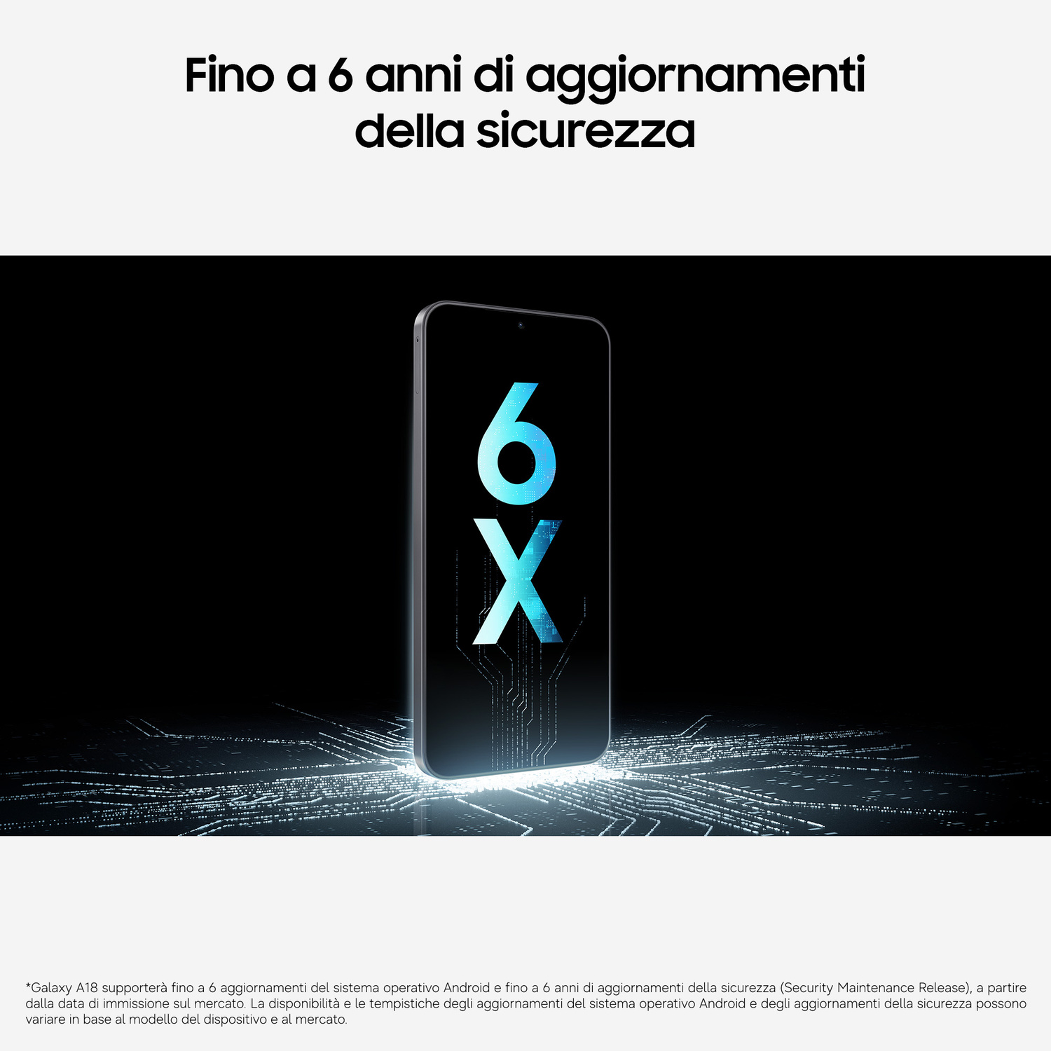 Smartphone mostra il numero 6x sullo schermo sopra un motivo di circuito digitale.