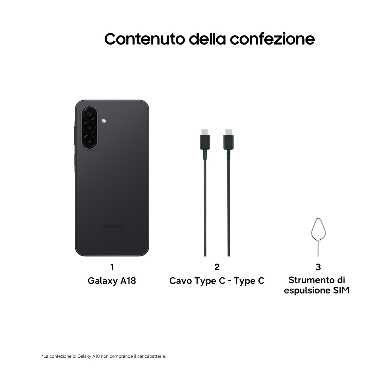 Contenuto della confezione del Galaxy A18 con smartphone, cavo Type-C e spilla estrattrice SIM su sfondo bianco.
