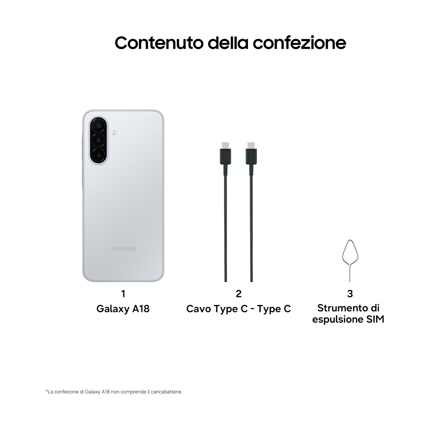 Contenuto della confezione: Galaxy A18 bianco, cavo Type-C ed estrattore SIM.