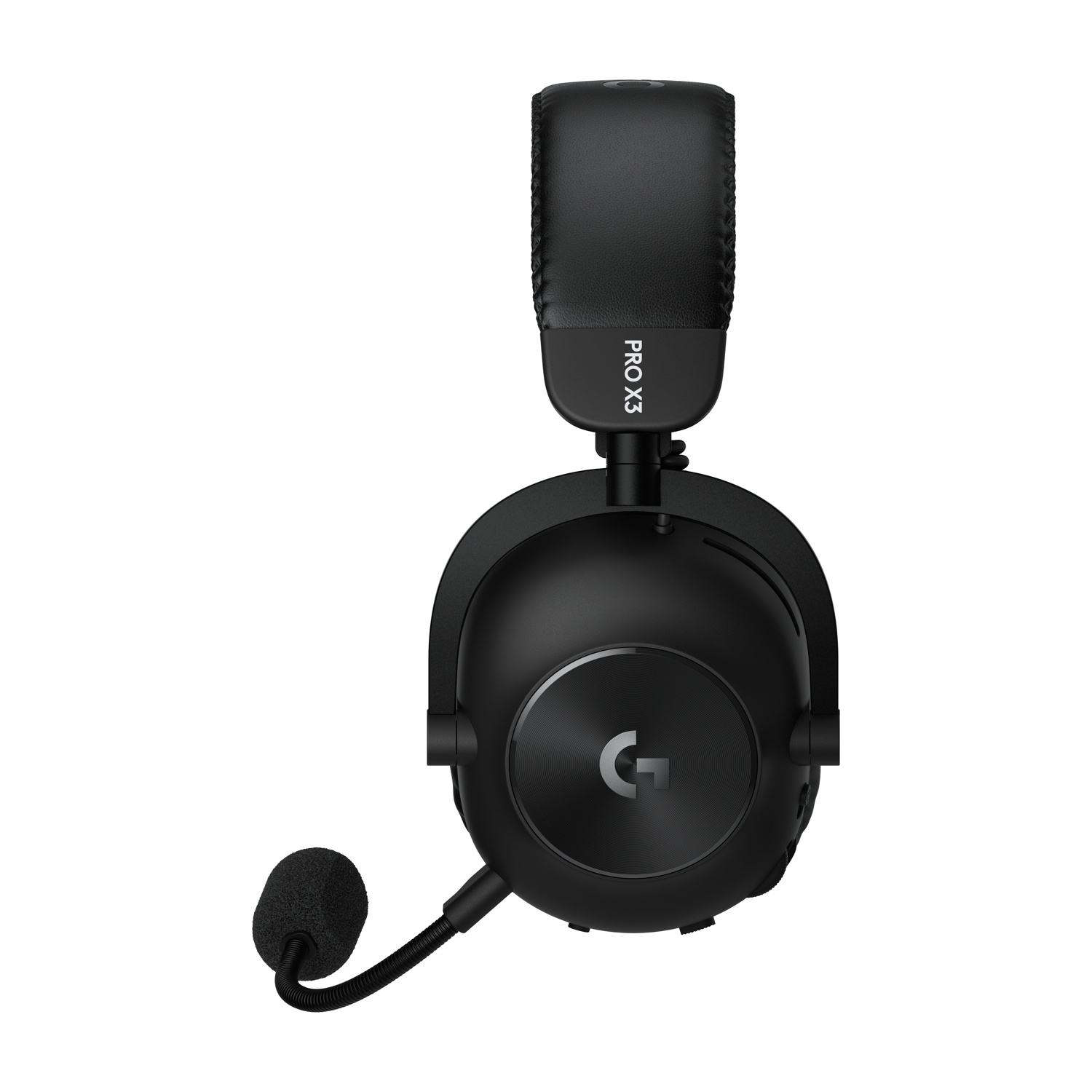 Cuffie da gioco Logitech PRO X3 nere con microfono attaccato su sfondo bianco.