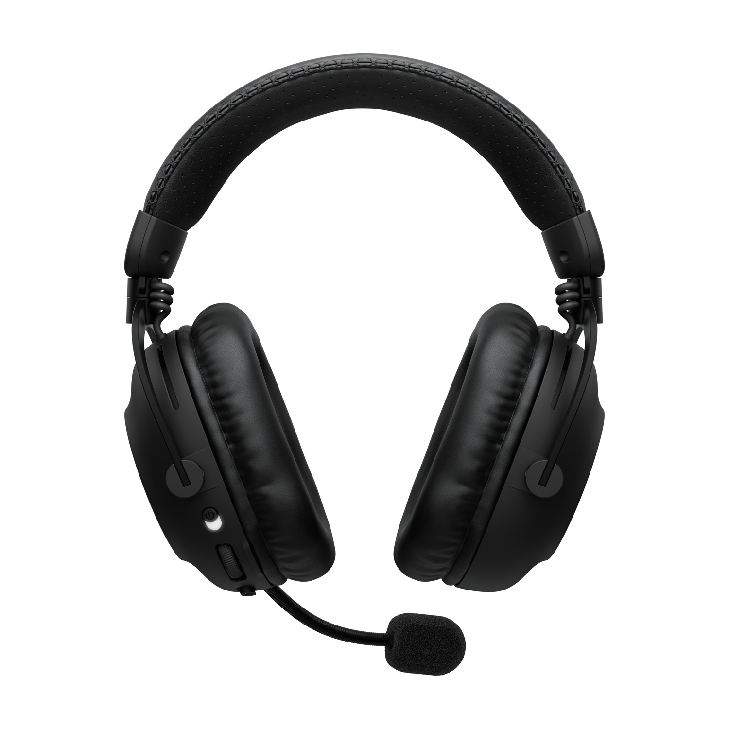 Cuffie over-ear nere con archetto imbottito, padiglioni auricolari e microfono a braccio collegato su uno sfondo bianco.