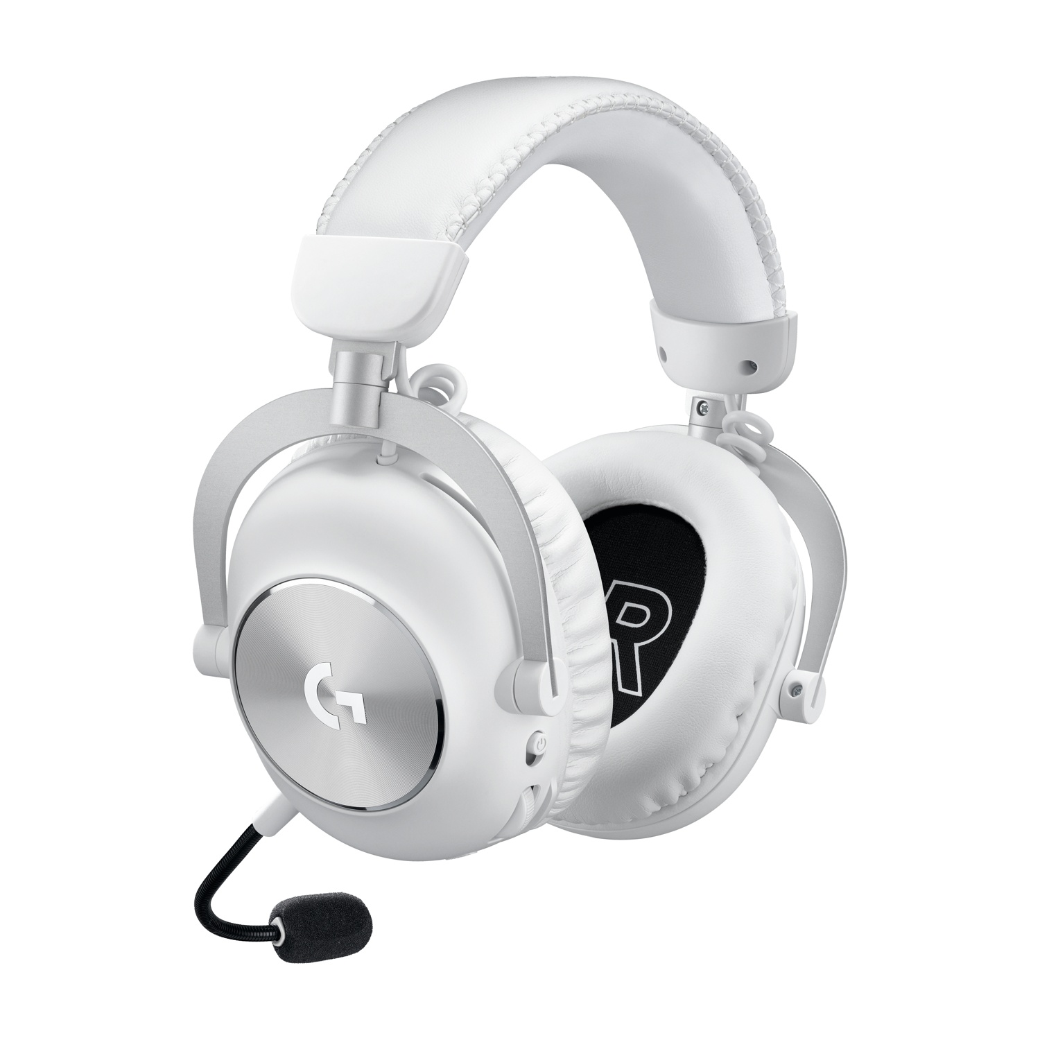 Cuffie da gaming over-ear bianche con archetto e microfono collegato su sfondo bianco.