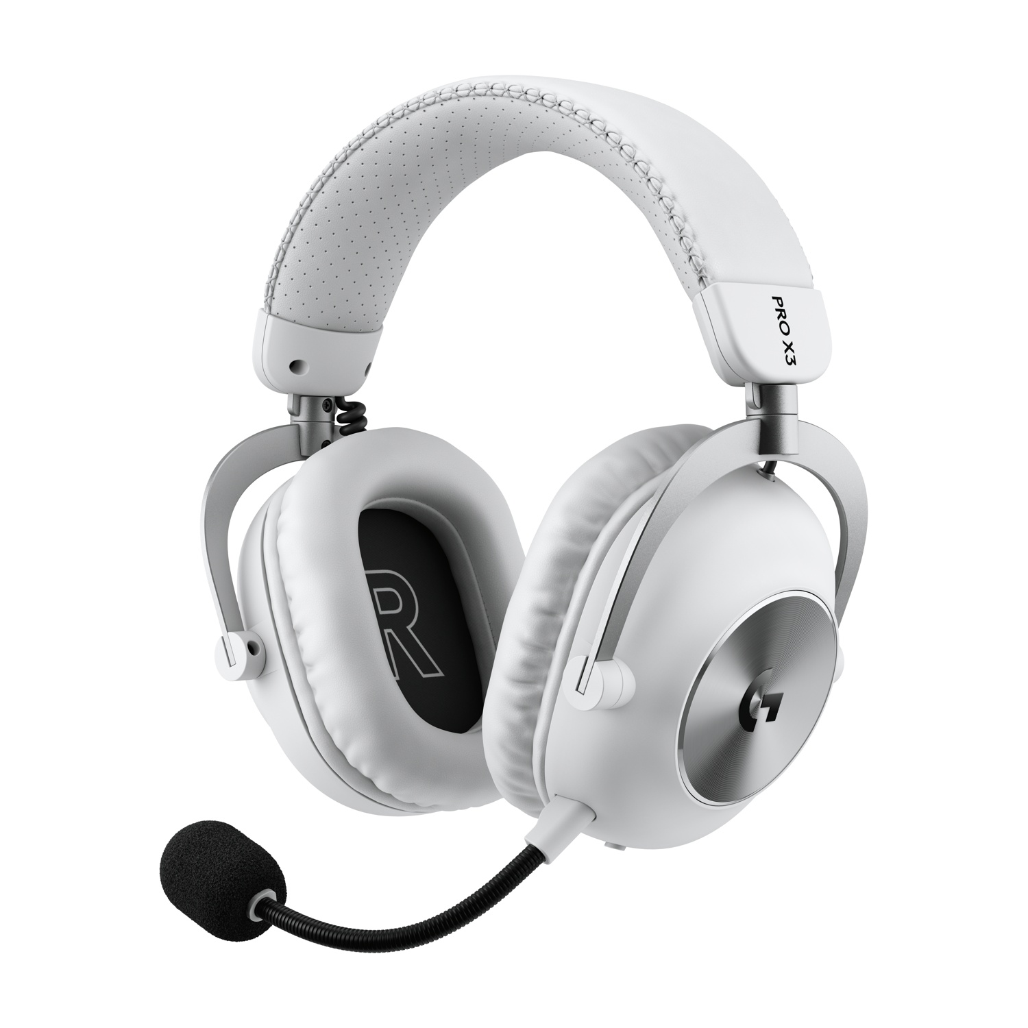 Cuffie da gioco over-ear bianche con archetto imbottito e microfono attaccato su sfondo bianco.