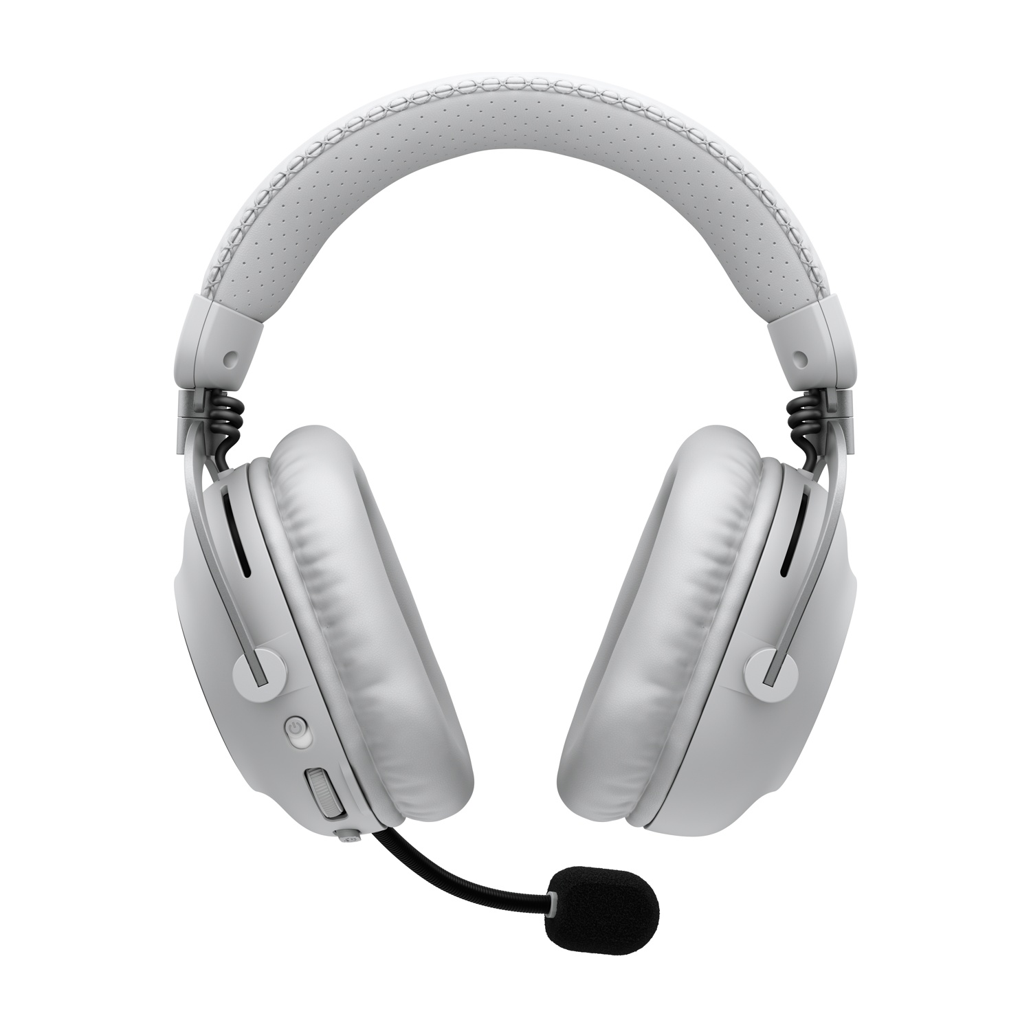 Cuffie wireless grigie con archetto imbottito, padiglioni auricolari e microfono nero.