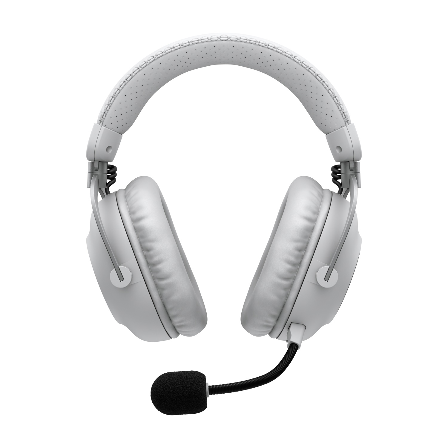 Cuffie over-ear bianche con archetto imbottito, morbidi padiglioni e microfono nero rimovibile con spugna.