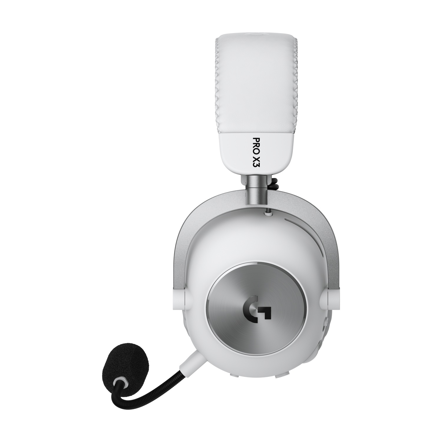 Cuffie da gioco Logitech Pro X3 bianche con microfono attaccato e logo sul padiglione su sfondo bianco.