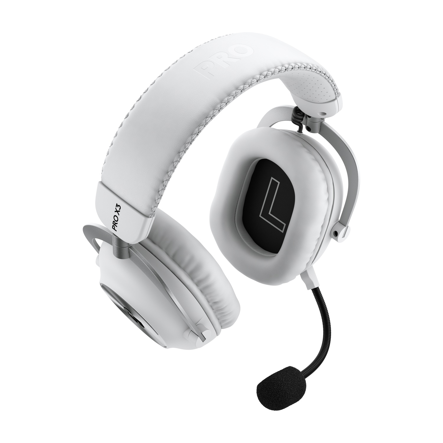 Cuffie da gaming over-ear bianche con microfono nero staccabile su sfondo bianco.