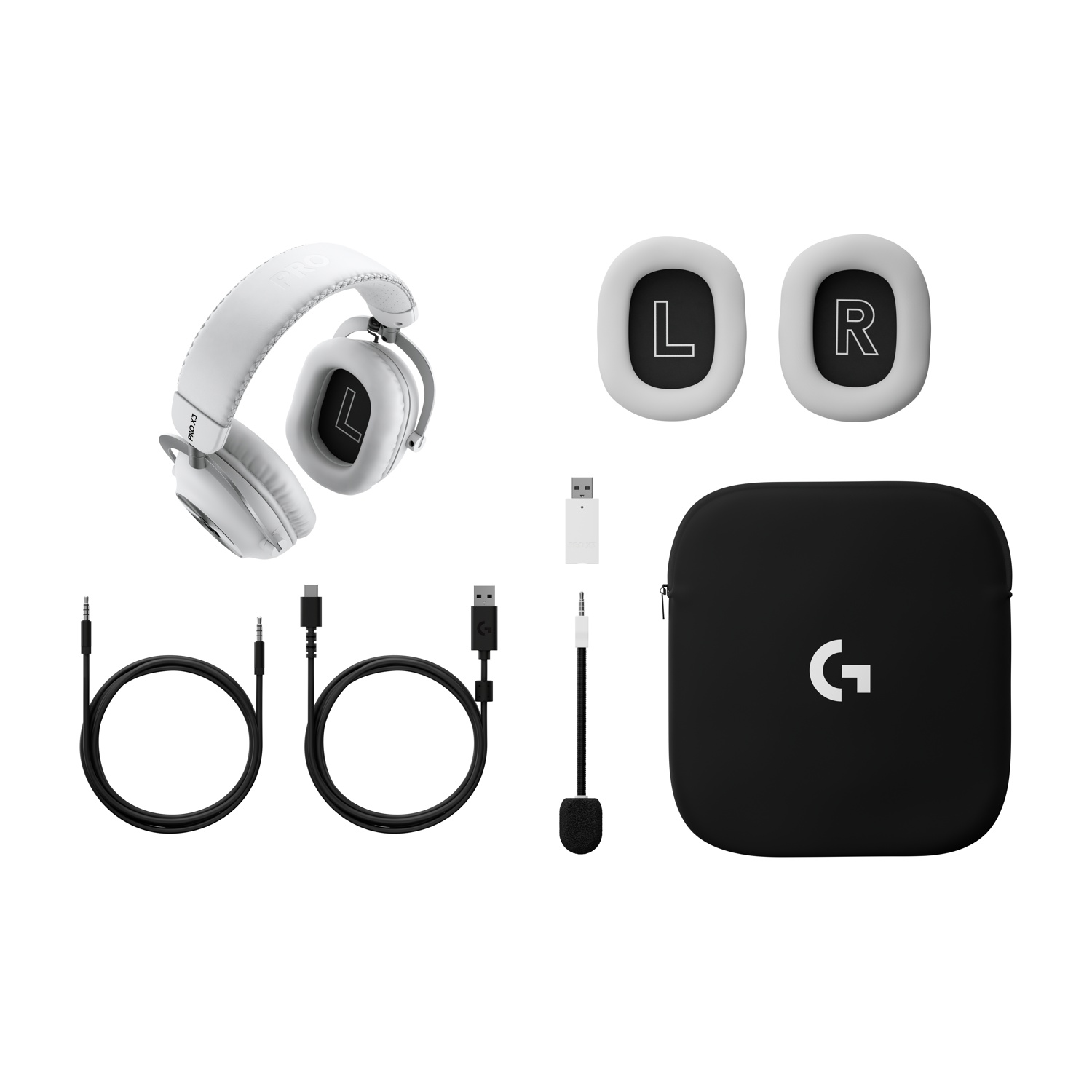 Cuffie gaming bianche con cavi, microfono, custodia e cuscinetti auricolari extra.