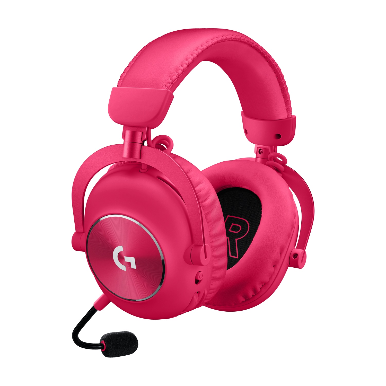 Cuffie da gioco rosa brillante con microfono ad asta attaccato e padiglioni auricolari imbottiti su sfondo bianco.